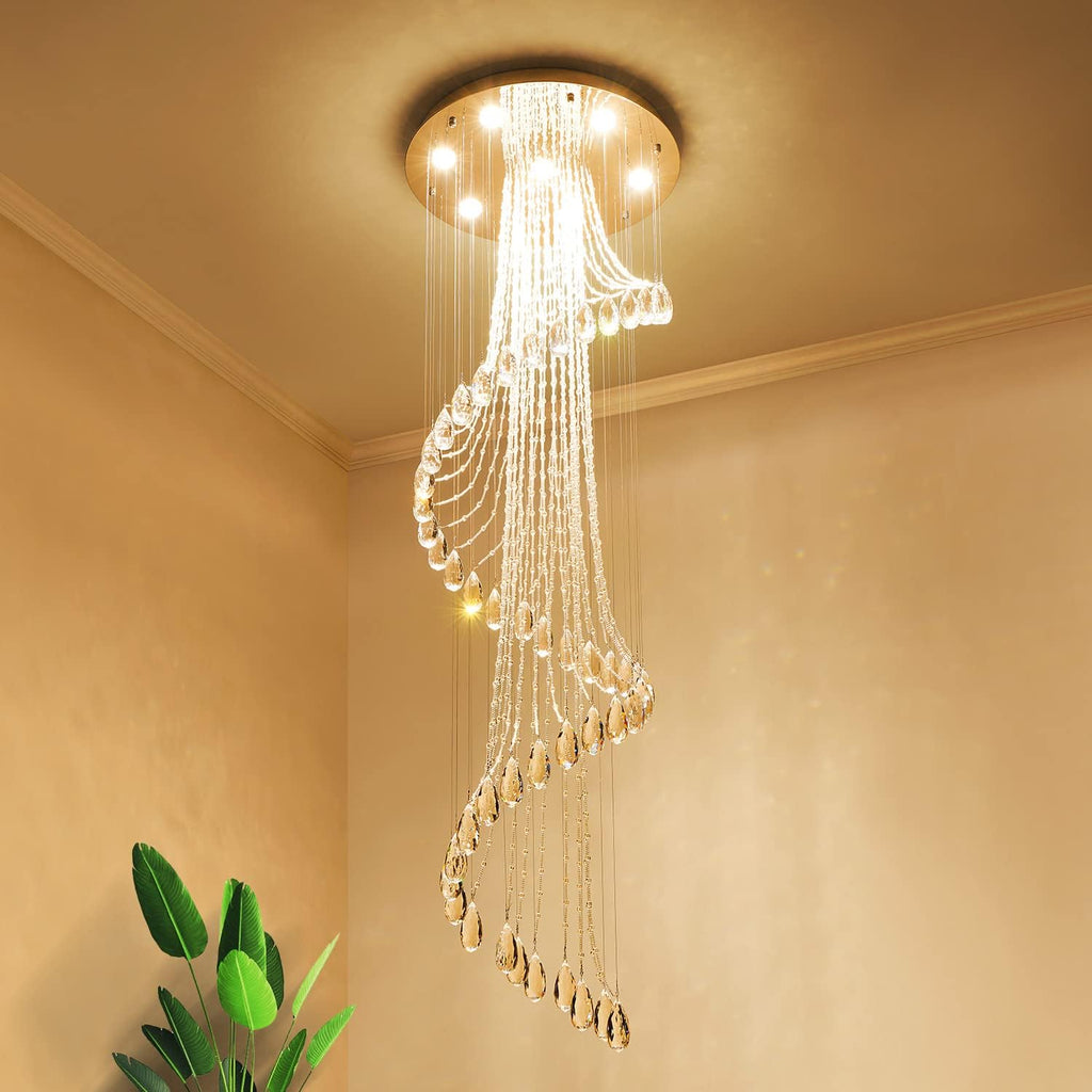 Saint Mossi 7-Lights K9 Crystal Chandelier, Raindrop Chandelier Light Fixture, Modern High Ceiling Lighting, Modern Pendant Light Flush Mount Ceiling Light Fixture,H71 x D24