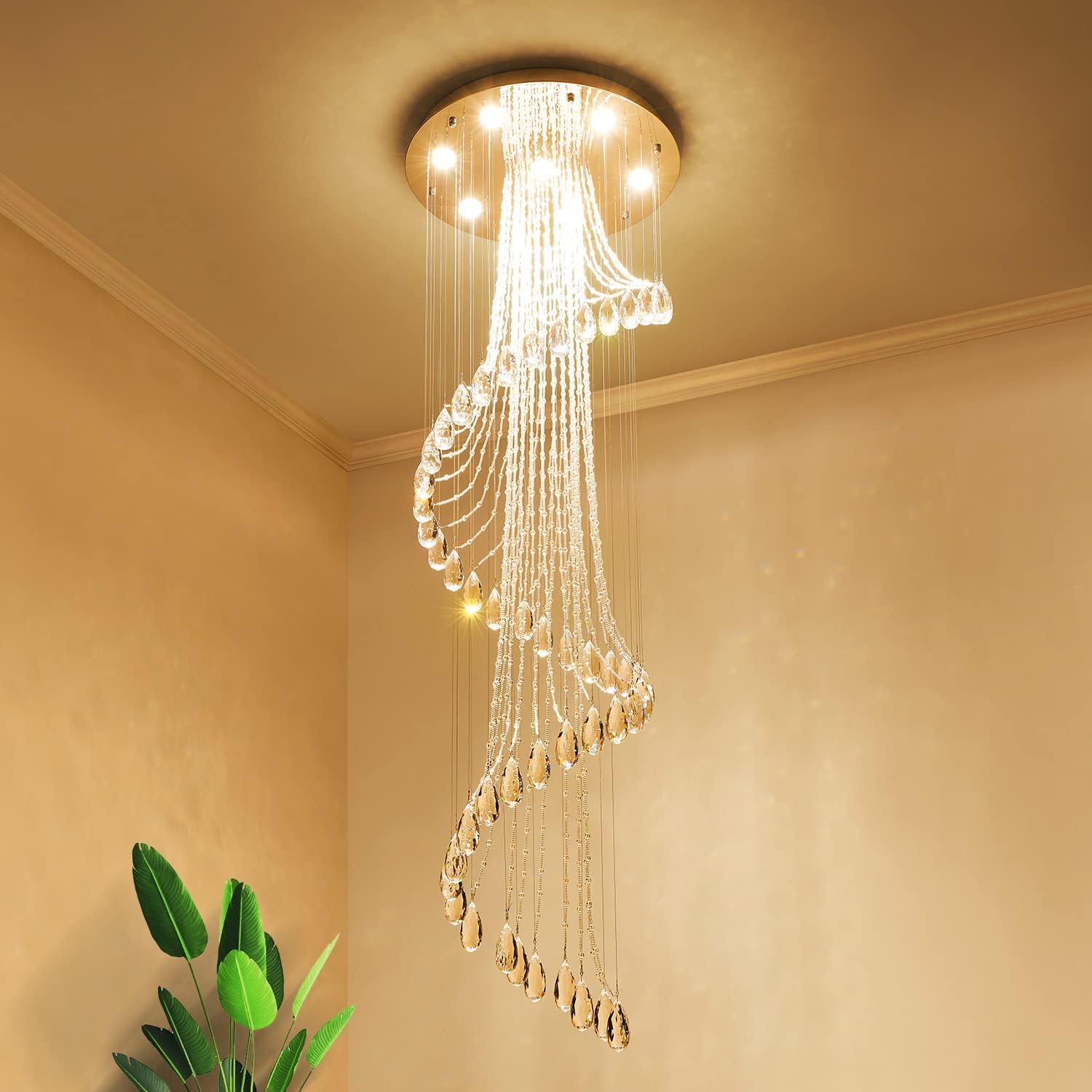 Saint Mossi 7-Lights K9 Crystal Chandelier, Raindrop Chandelier Light Fixture, Modern High Ceiling Lighting, Modern Pendant Light Flush Mount Ceiling Light Fixture,H71 x D24