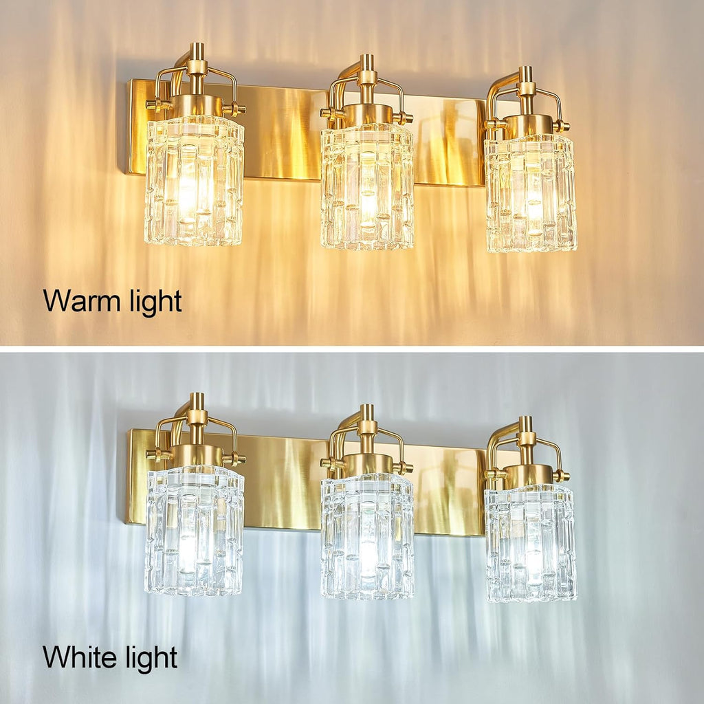 3 Light Crystal Glass Vanity Light, Gold Bathroom Lighting Fixtures Over Mirror Modern Bath Wall Sconce Lighting for Bedroom Living Room