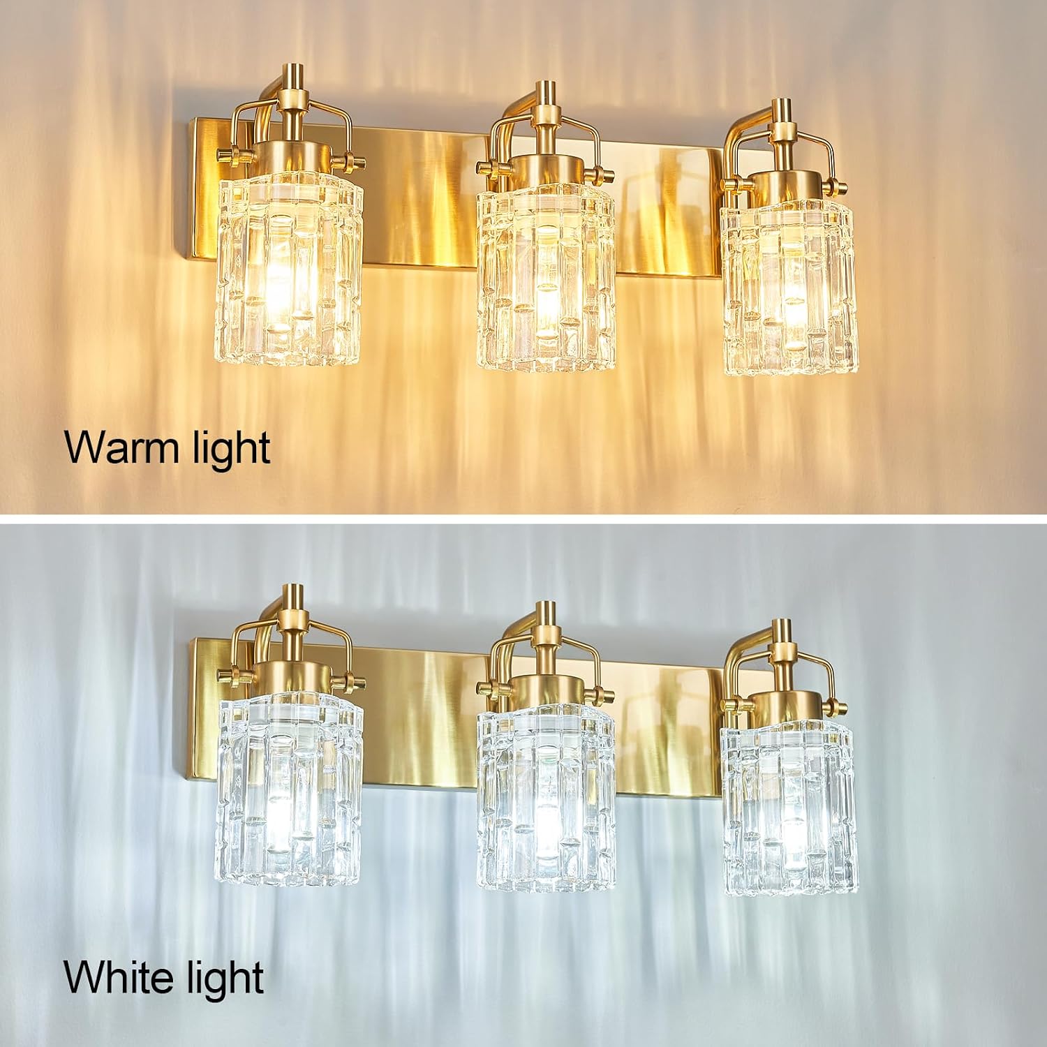 3 Light Crystal Glass Vanity Light, Gold Bathroom Lighting Fixtures Over Mirror Modern Bath Wall Sconce Lighting for Bedroom Living Room