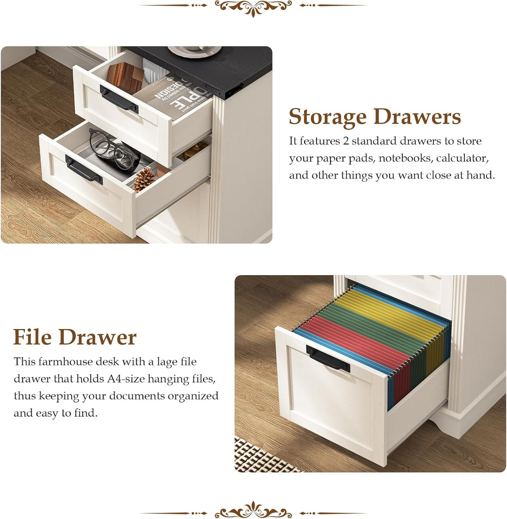 Vabches 55' Farmhouse Executive Desk with 3 Drawers, Wooden Computer Desk, Home Office Desk with File Drawer (Fits A4 Size) for Work and Study, White and Black