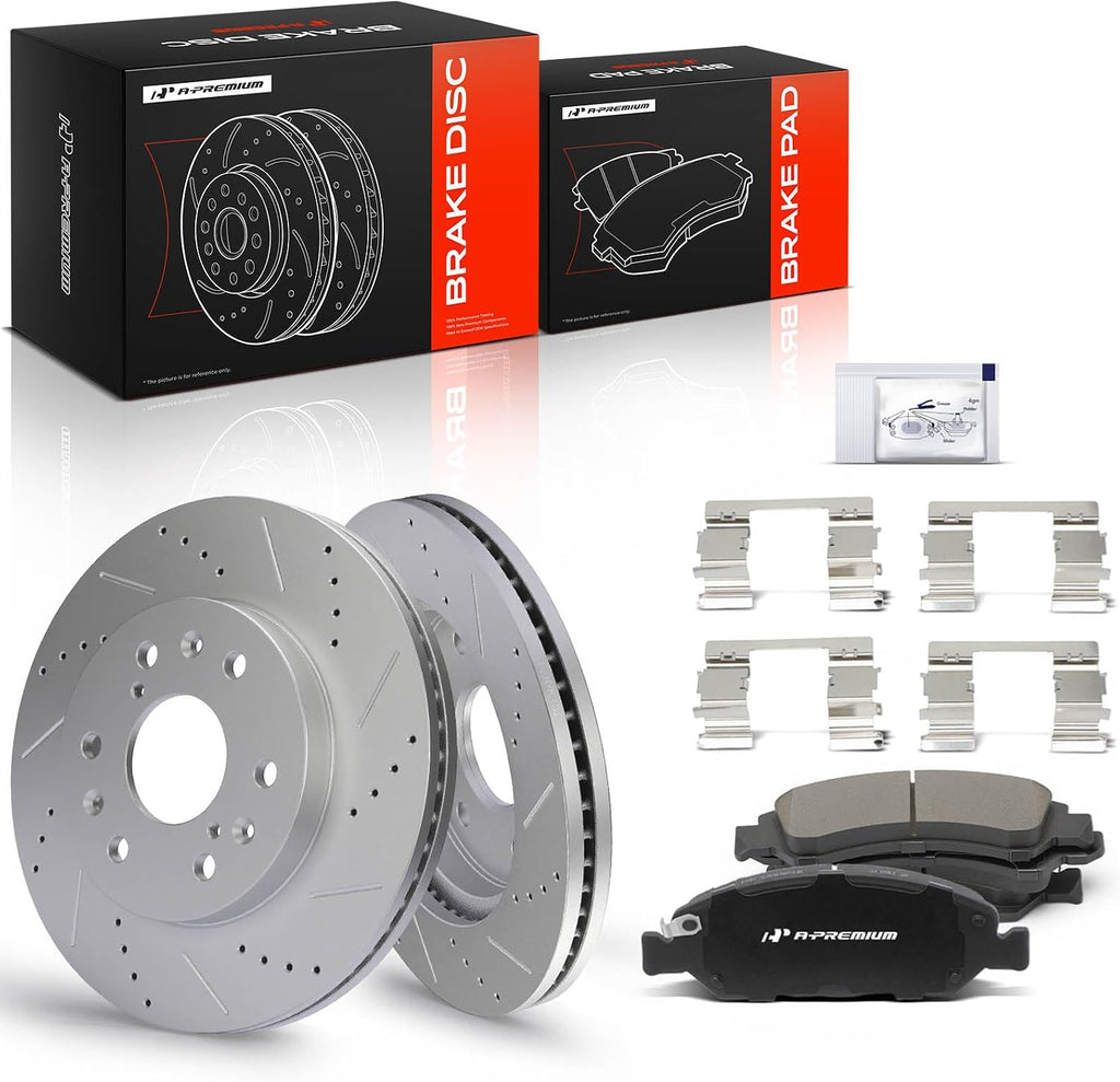 A-Premium 12.99 in(330mm) Front Drilled and Slotted Disc Brake Rotors + Ceramic Pads Kit Compatible with Select Cadillac, Chevy & GMC - Silverado, Suburban, Express, Sierra, Yukon, Escalade, Avalanche