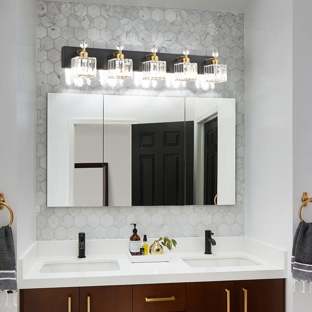 PRESDE Crystal 5 Light Bathroom Vanity Lights Modern Black and Gold Bathroom Lights Fixtures Over Mirror Modern Bath Wall Lighting