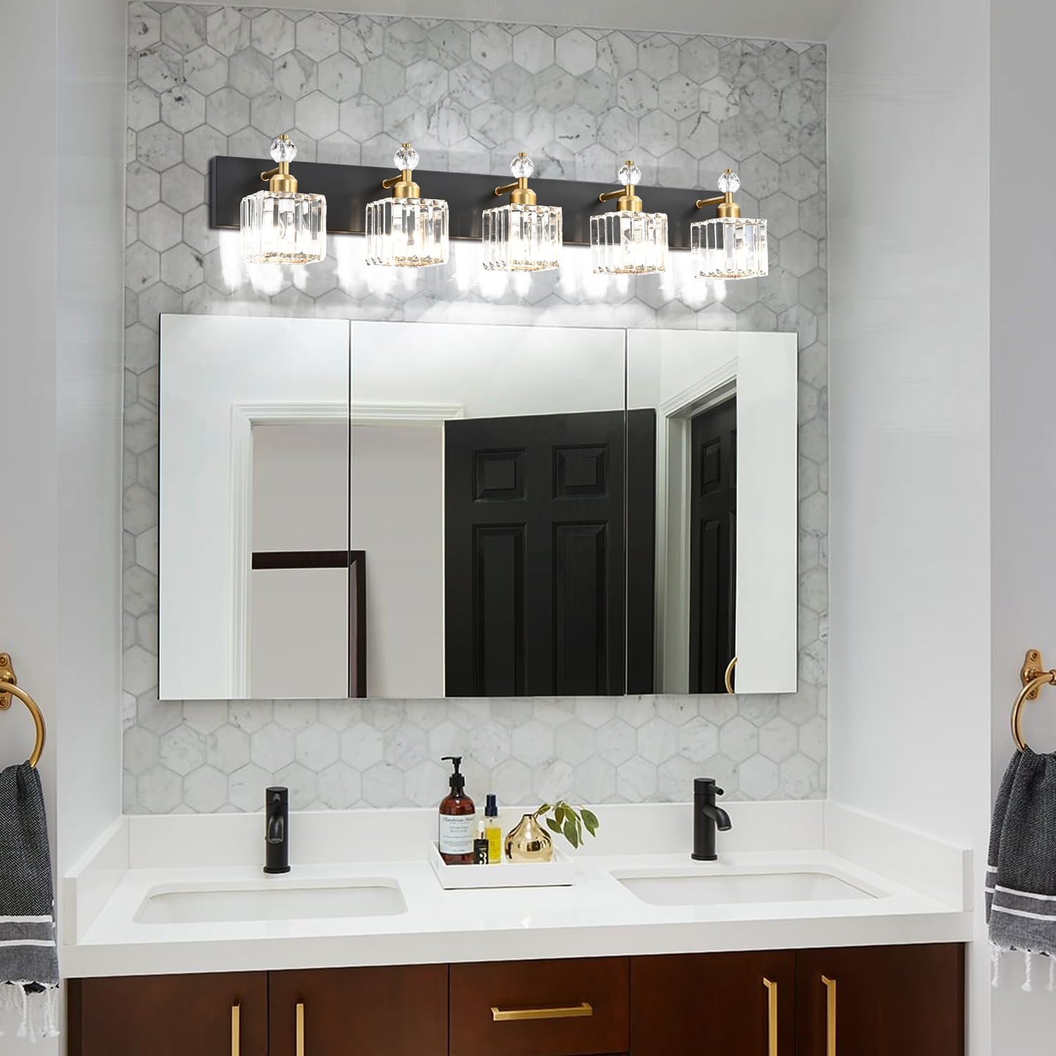PRESDE Crystal 5 Light Bathroom Vanity Lights Modern Black and Gold Bathroom Lights Fixtures Over Mirror Modern Bath Wall Lighting