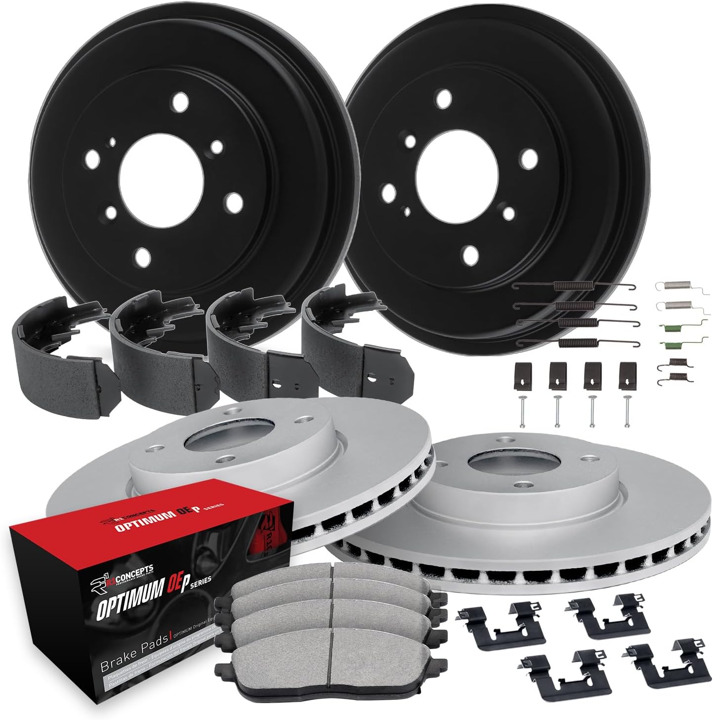R1 Concepts Front and Rear Brake Kit Fits 2011-2019 Ford Fiesta| Optimum Oep Pads, Blank Rotors| Hardware, Drum, Shoes