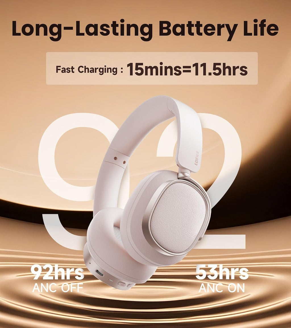 Edifier ES850NB Active Noise Cancelling Headphones, Over Ear Bluetooth Headset, 92H Playtime Wired & Wireless Hi-Res Audio Certified, Fast Charging Clear Calls (Pink) (Renewed)