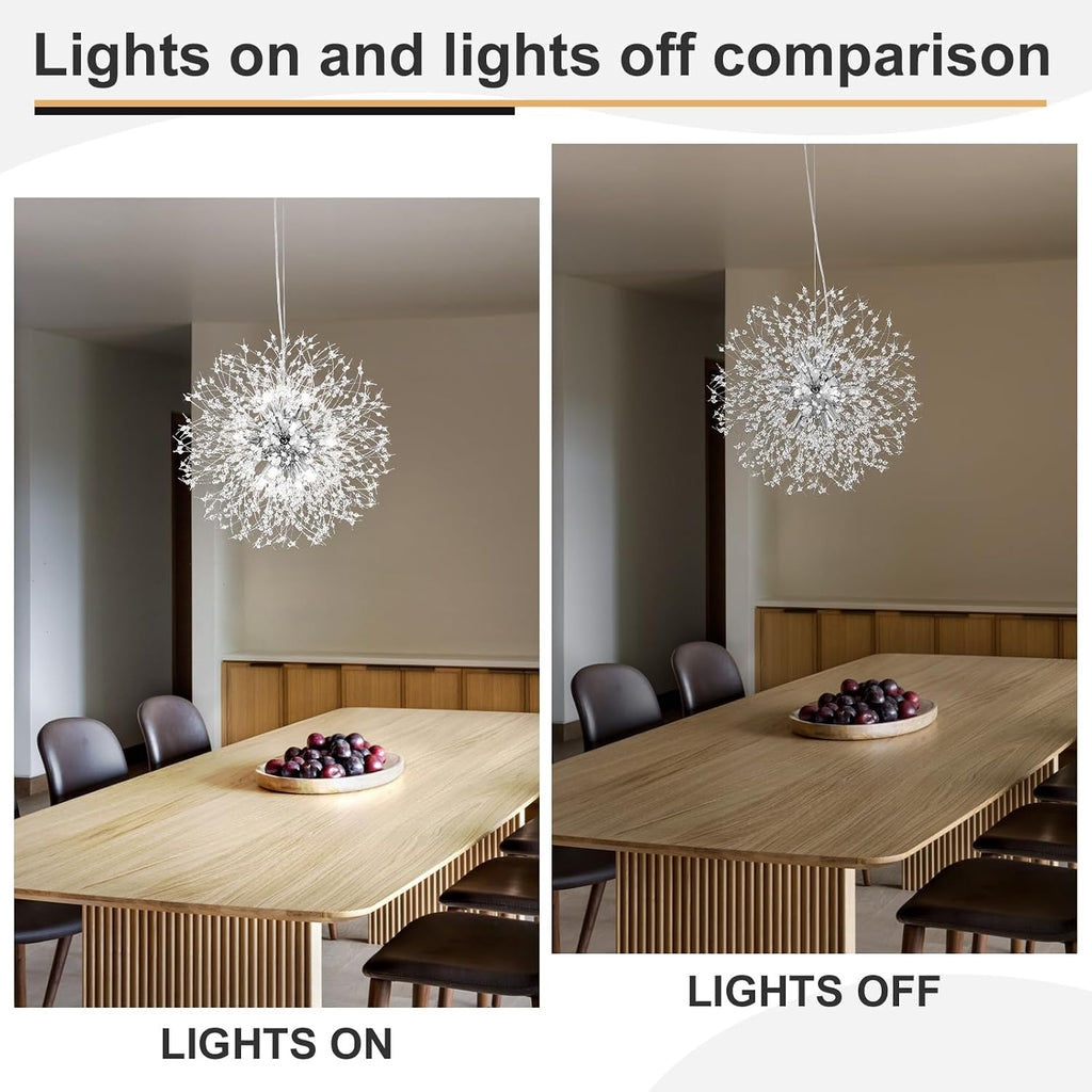 Modern Dandelion Firework Chandelier, Chrome Dining Room Chandelier, Crystal Hanging Pendant Lighting Fixture for Living Room, Bathroom, Bedroom, Entryway, 12-Light