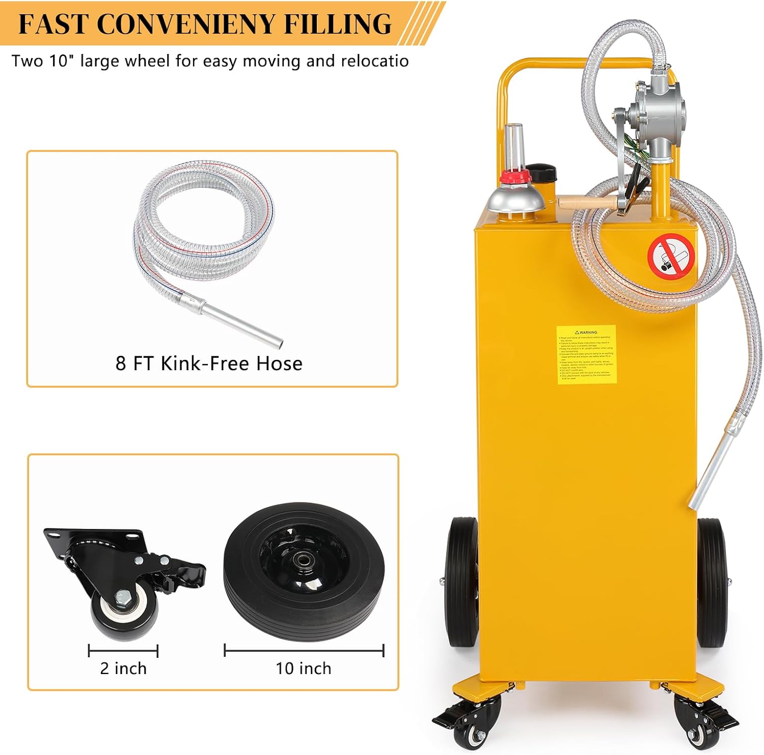 30-Gallon Oil Transfer Fluid Diesel Fuel Storage Tanks Gas Caddy Storage Diesel Kerosene Storage Containers with Rolling Flat-Free Solid Rubber Wheels for Boat, ATV, Car, Motorcycle Yellow