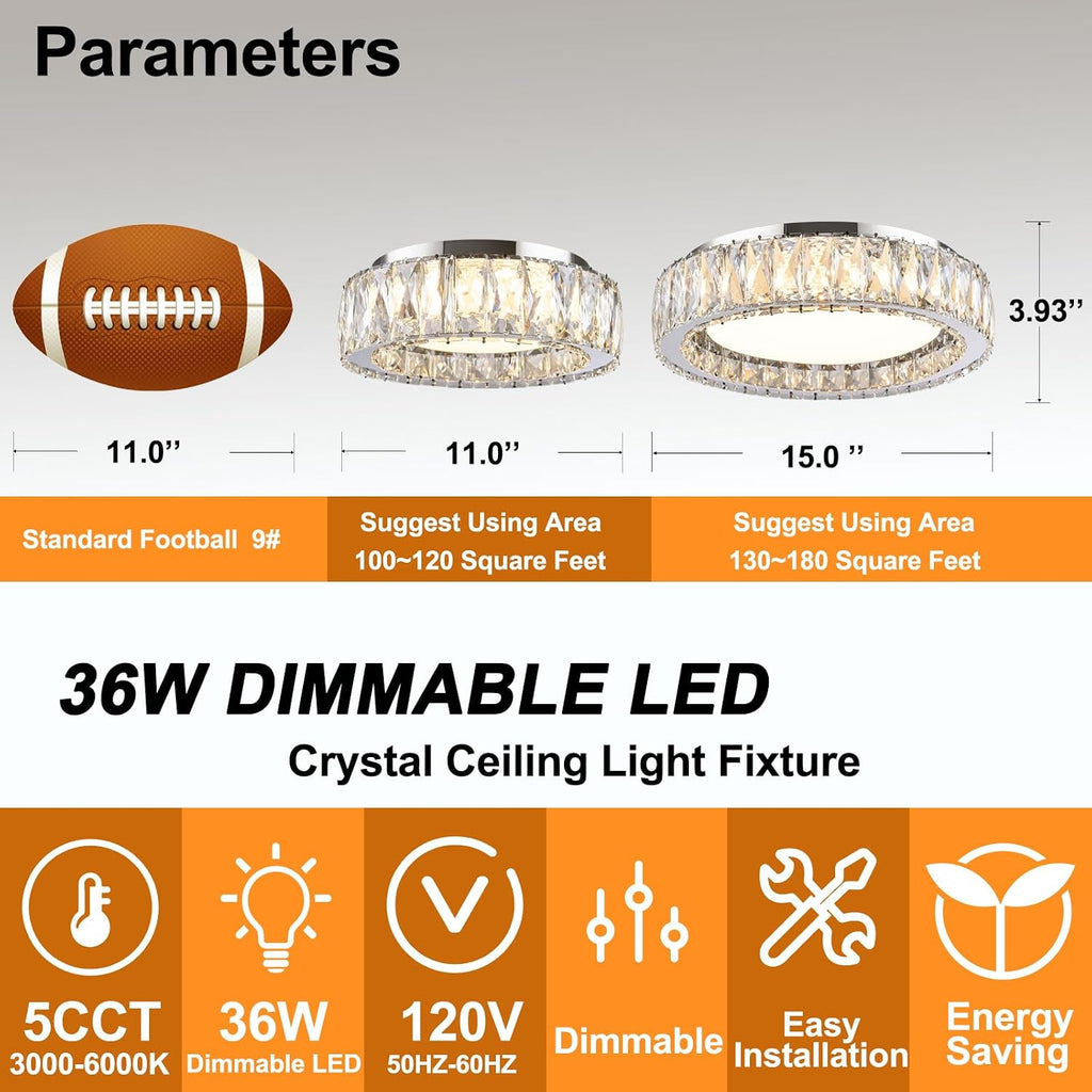 Modern K9 Crystal Dimmable LED Flush Mount Ceiling Light,15 Inch 36W/5CCT 3000K-6000K Luxury Chrome Round Close to Ceiling Lighting Fixtures for Living Room,Kitchen,Bedroom,Dining Room
