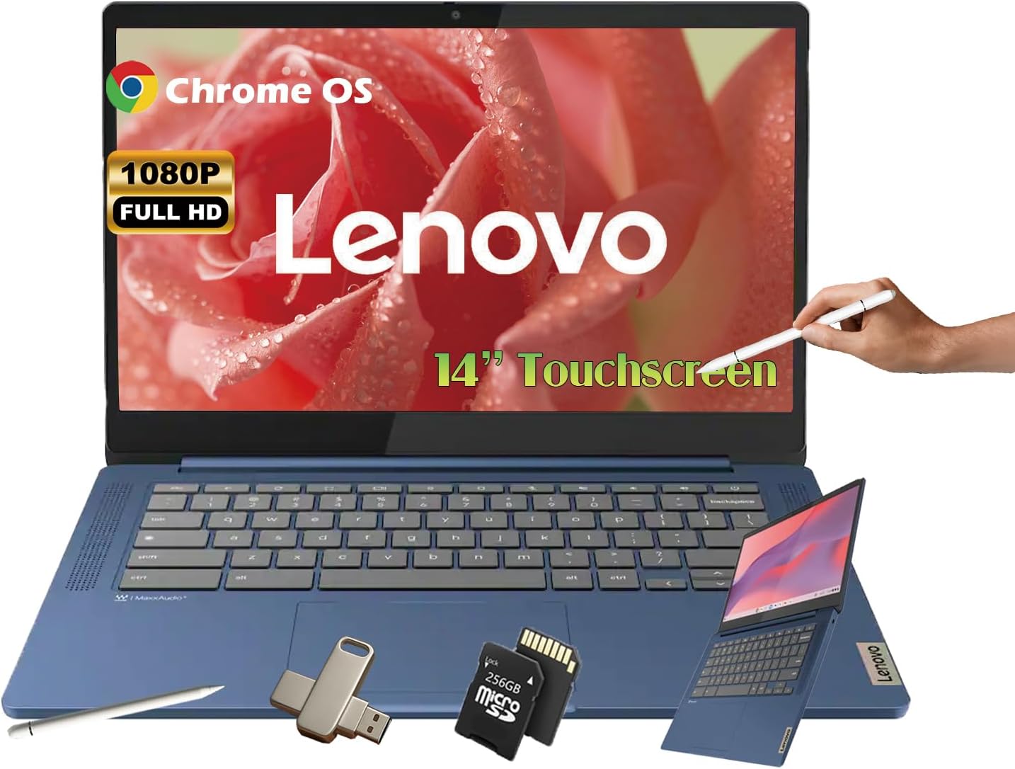Lenovo 14'' Touchscreen Chromebook, IdeaPad Slim 3, 8-Core MediaTek Kompanio 520, 14″ FHD IPS Anti-Glare, 4GB RAM, 64GB eMMC, 256GB MSD Card, 128GB USB Flash Drive, Chrome OS, WiFi 6, Blue