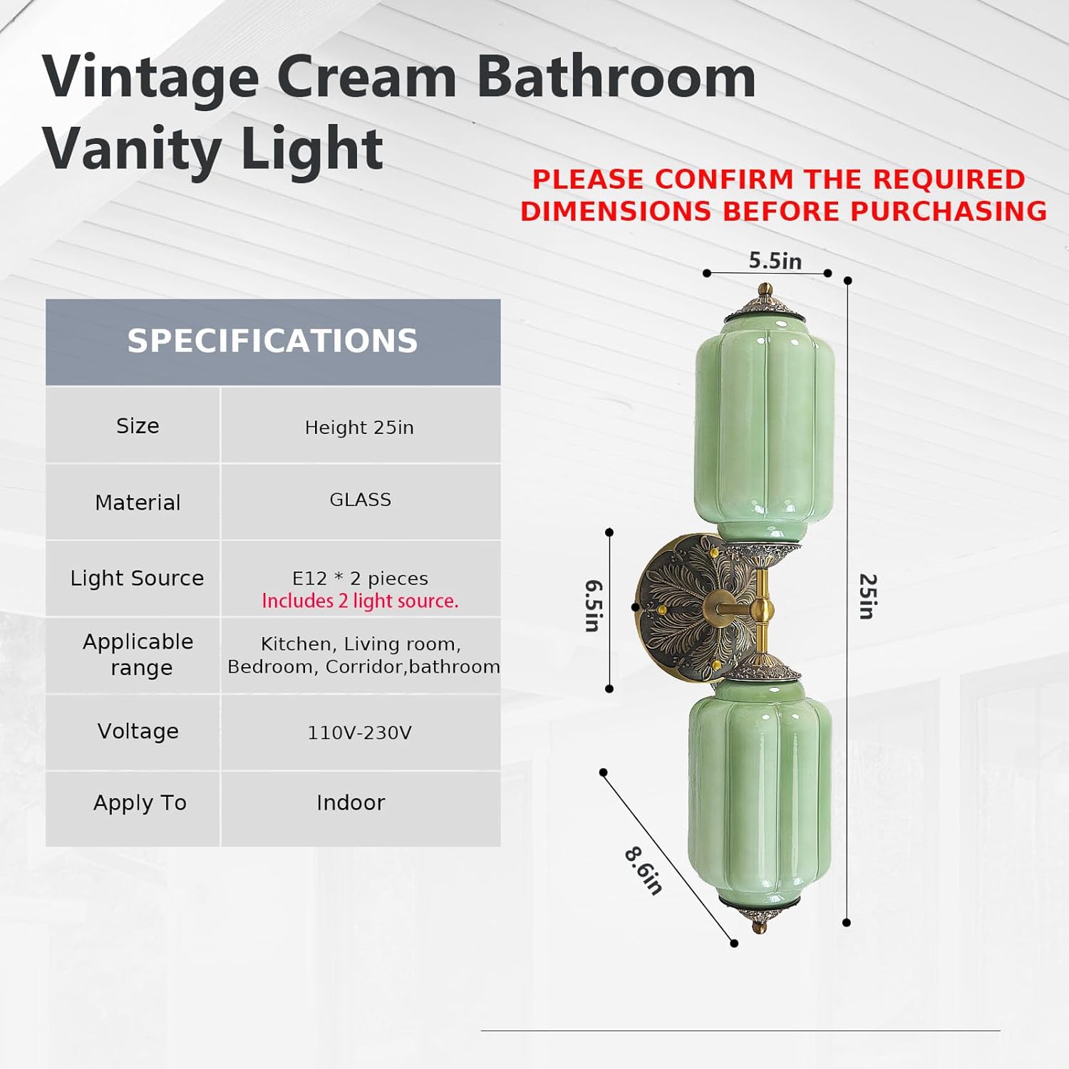 Vintage Milk Glass Bathroom Vanity Light - 2-Light Wall Sconce with Brass Finish Base & Green Glass Shade - Wall Sconce Lighting for Mirror, Kitchen, Living Room, Gallery (Bulbs Included) (Green)