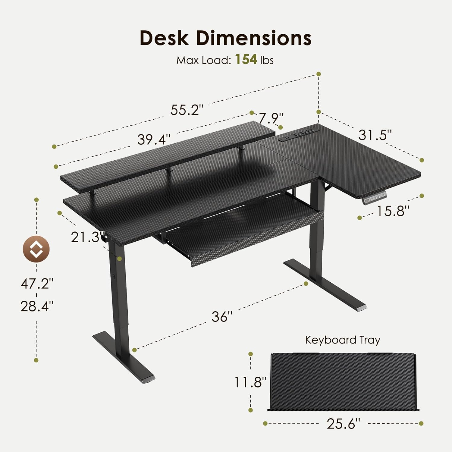 OffiGo 55 Inch L Shaped Electric Standing Desk with Keyboard Tray, Reversible Height Adjustable Corner Computer Desk with Monitor Stand, Sit Stand Up Lift Table for Home, Office, Carbon Fiber Black