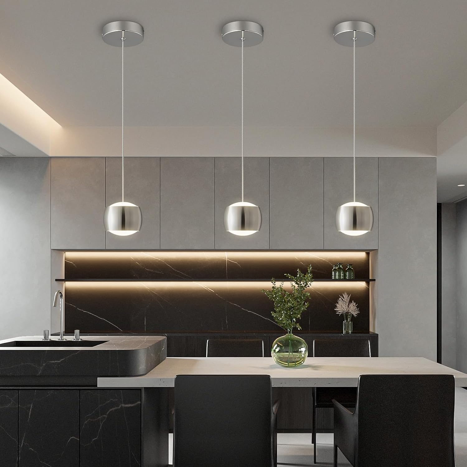 Modern LED Dimmable Pendant Light fixtures,Mini Island Pendant Lighting for Kitchen Island Dinning Room,Bedroom,Bar, Kitchen Island Ceiling Hanging Light Fixtures(Chrome-3-Pack)