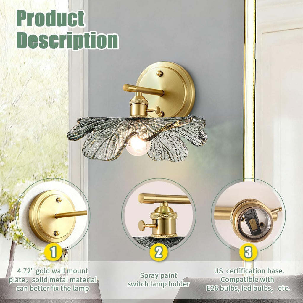 Vintage Bathroom Vanity Light Set of 2 with Dark Green Flower Glass | Art Deco Wall Sconces, Gold Living Room Hallway lighting fixtures, 110V E26 Brass, Supports dimmable bulbs, Easy to install
