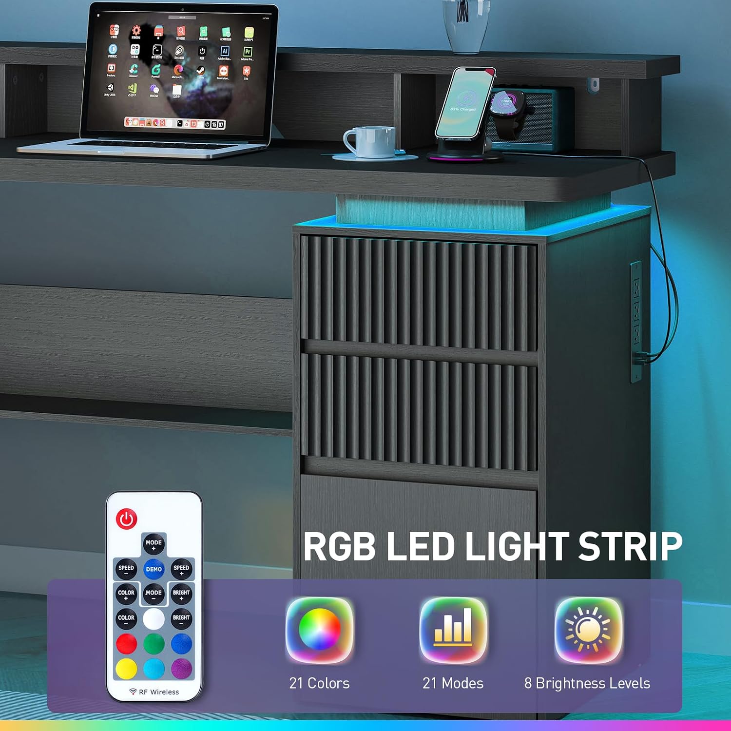 RALGEND 59' Executive Desk with Drawer, Fluted Computer Desk with File Drawer & Monitor Stand, Home Office Desk with Power Outlet, LED Light, Modern Fluted Computer Writing Desk with Storage, Black