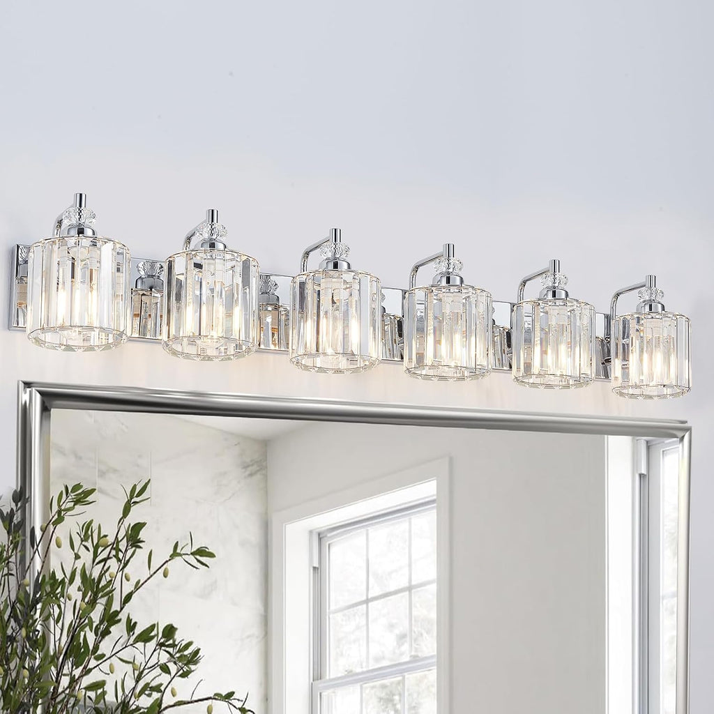 6-Light Modern Bathroom Light Fixture Chrome Bathroom Vanity Lights Over Mirror Wall Sconce Lighting with K9 Crystal Shades E26 Base for Bedroom, Living Room, Hallway Wall Lamp