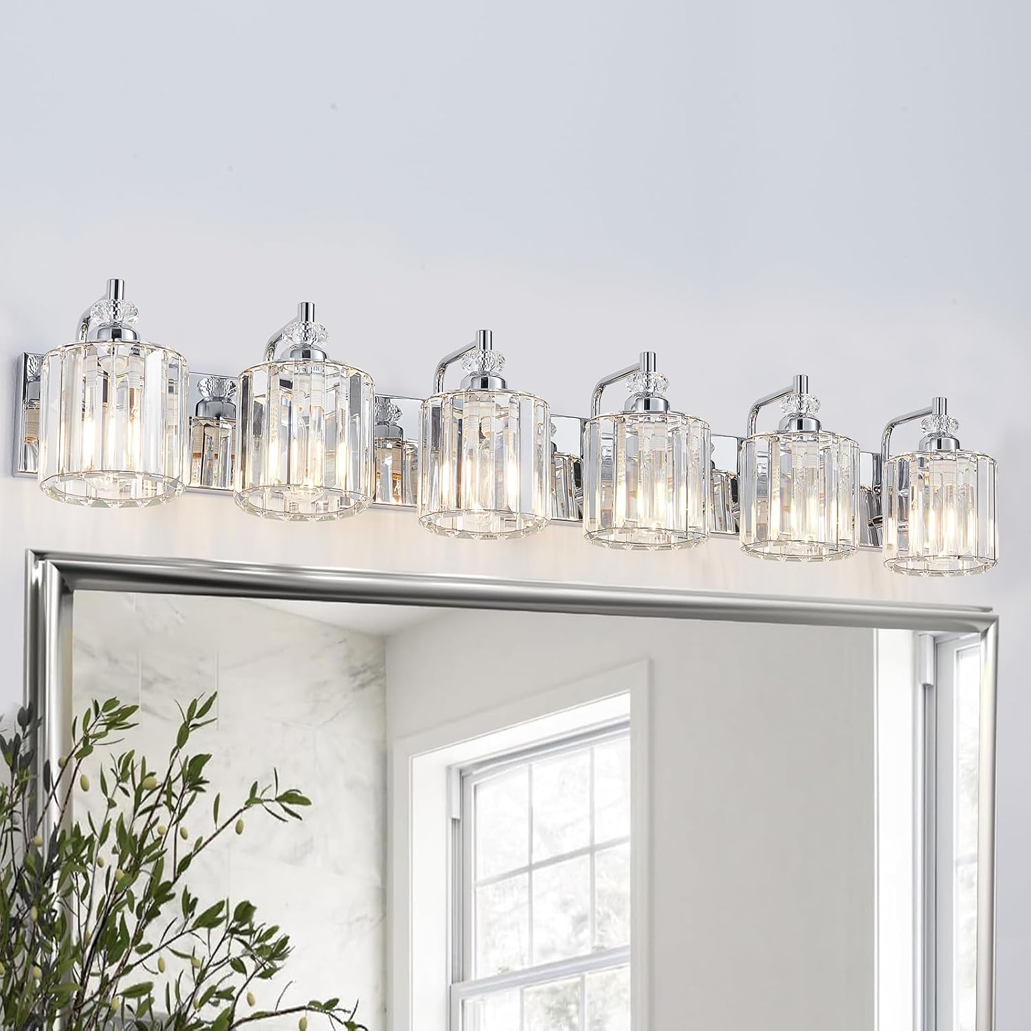 6-Light Modern Bathroom Light Fixture Chrome Bathroom Vanity Lights Over Mirror Wall Sconce Lighting with K9 Crystal Shades E26 Base for Bedroom, Living Room, Hallway Wall Lamp
