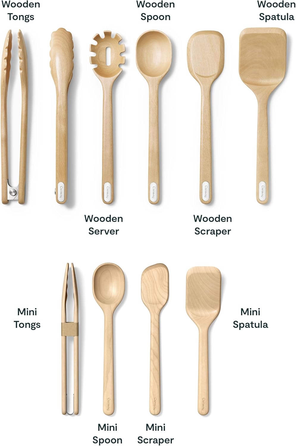 Caraway 9-Piece Wooden Kitchen Utensils Set for Cooking, Serving, and Plating - Includes Full-Size and Mini Spoons, Scrapers, Spatulas, Tongs and Server - Birch Wood