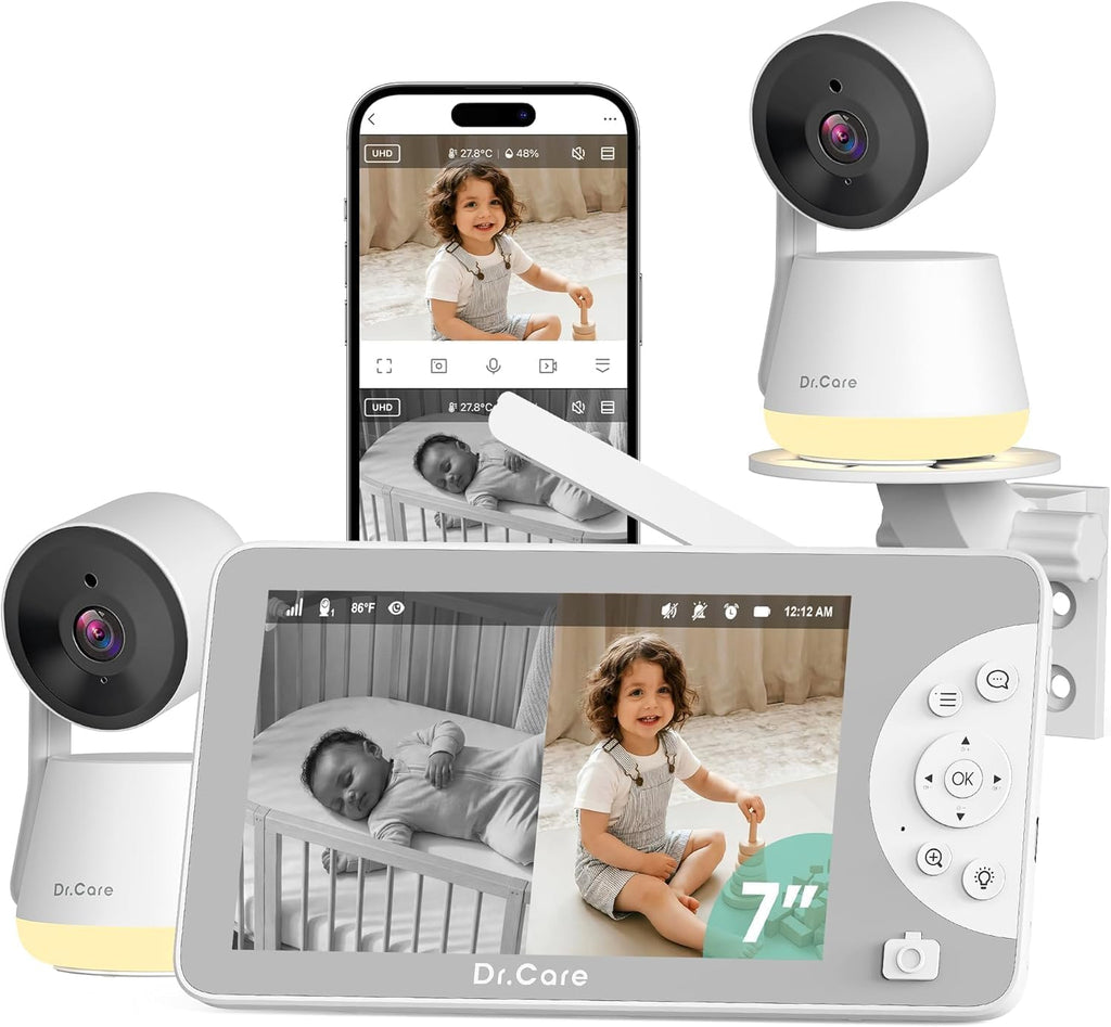 Dr.Care LumiView Max Smart WiFi Baby Monitor with 2 Camaras- 7' 1080P FHD & 2K Camera, Privacy Mode, Cry & Motion Detection, 6000mAh Removable Battery, RGB Night Light, Snapshot & Video Recording