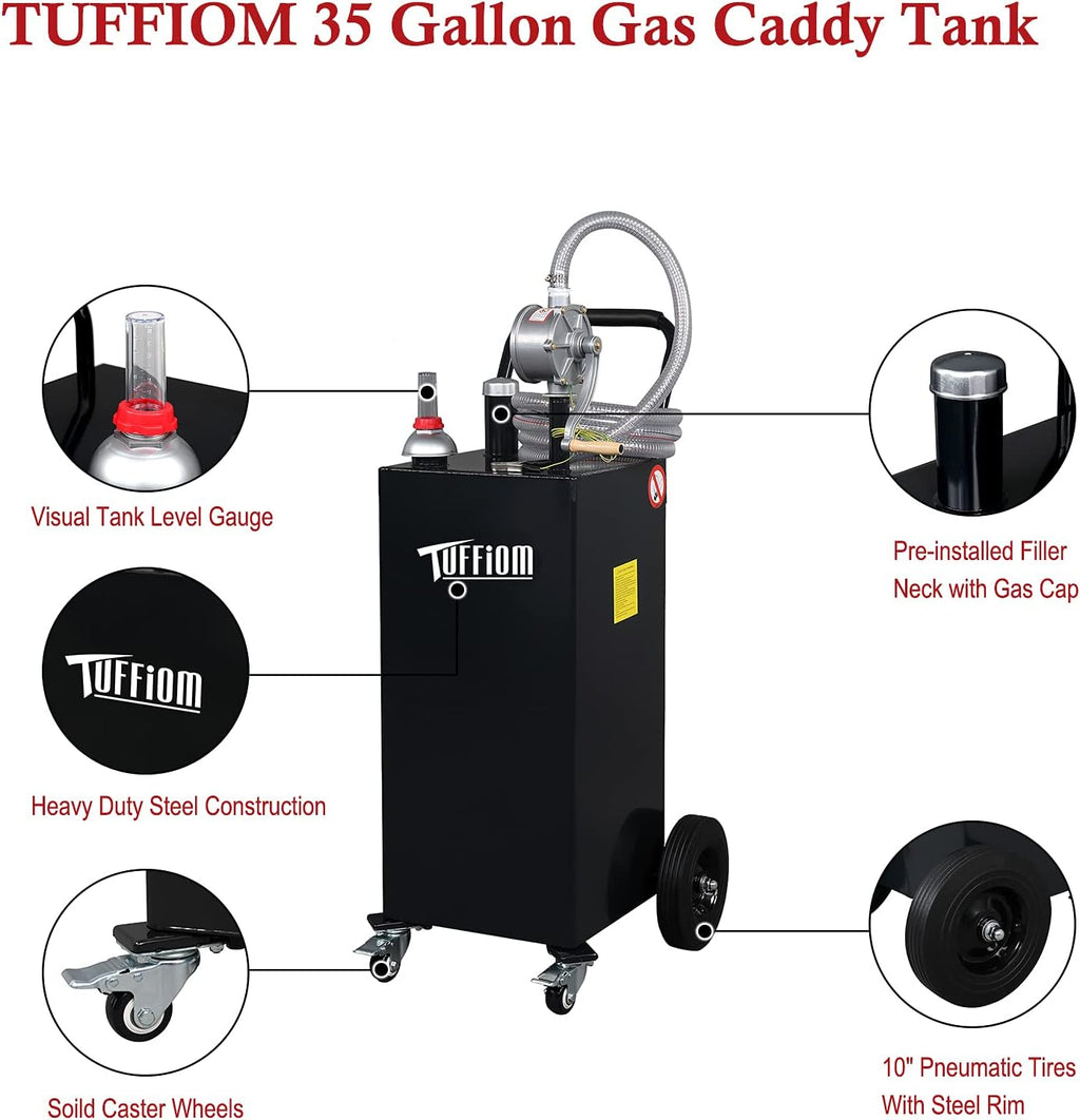 TUFFIOM 35 Gallon Fuel Gas Caddy w/Wheels & Manual Siphon Pump, Portable Diesel Fuel Transfer Storage Tank w/11.9ft Hose, Gasoline Can Container for ATV Car Mowers Tractor Boat Motorcycle