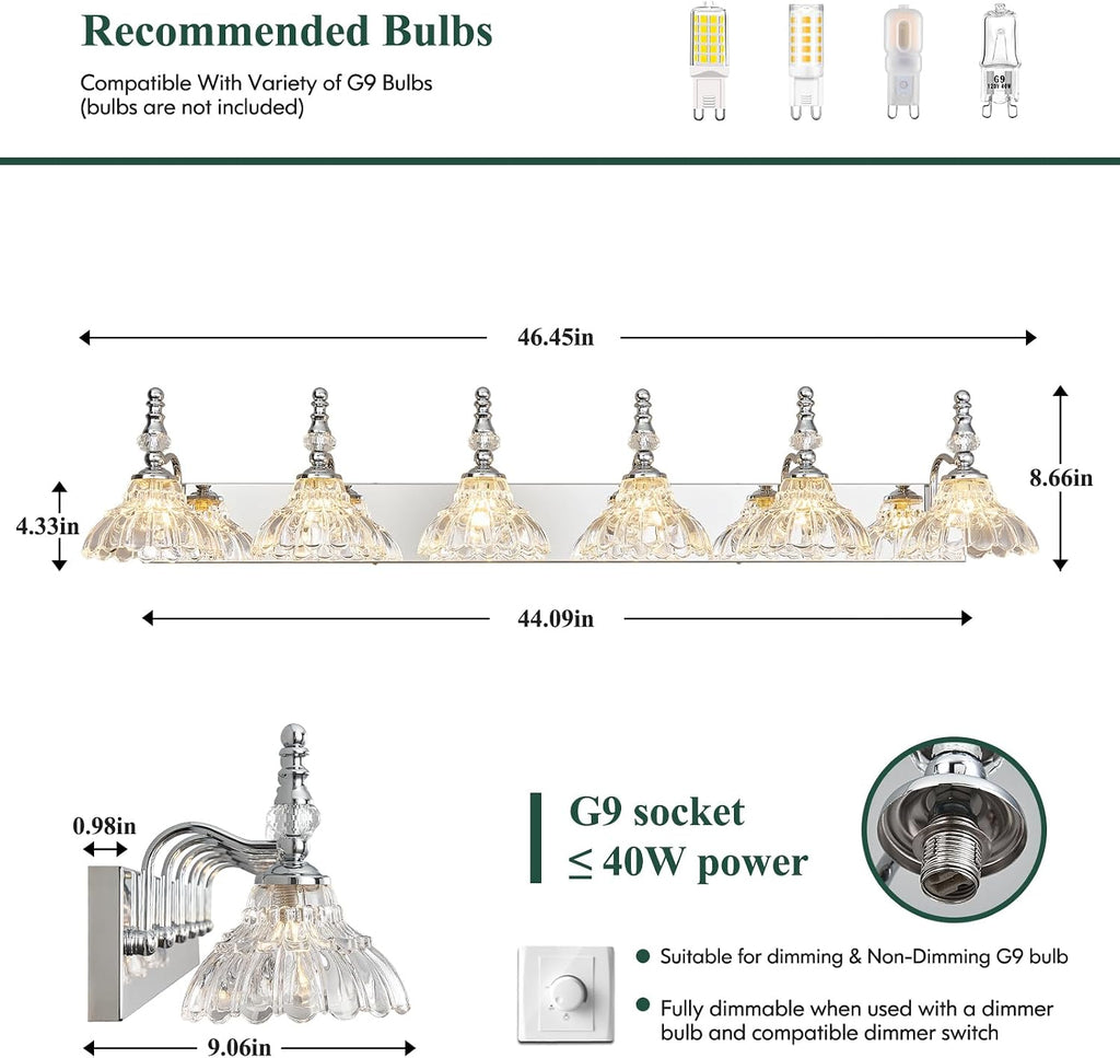Vintage Bathroom Vanity Light, 6-Light Chrome Vanity Lighting Fixture with Flower Glass Shade, Bathroom Lighting Fixtures Over Mirror