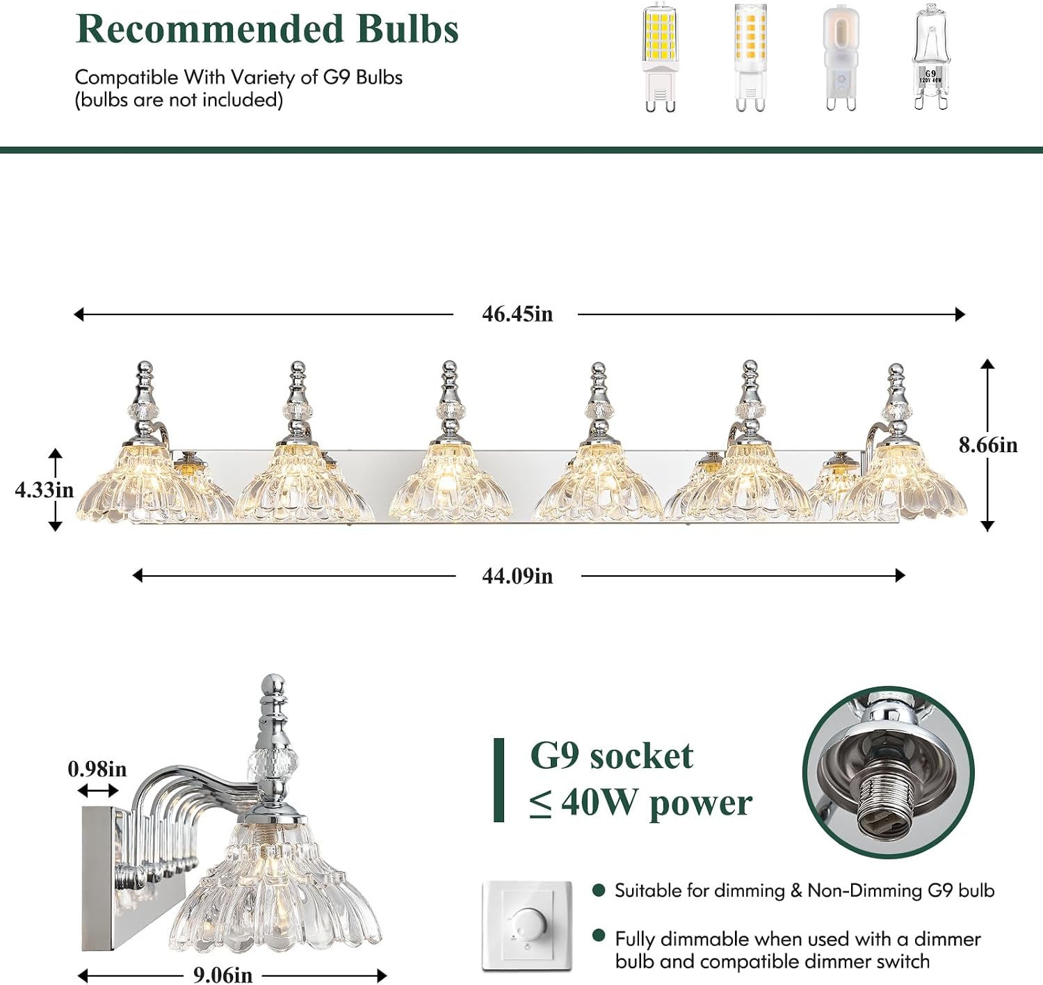 Vintage Bathroom Vanity Light, 6-Light Chrome Vanity Lighting Fixture with Flower Glass Shade, Bathroom Lighting Fixtures Over Mirror