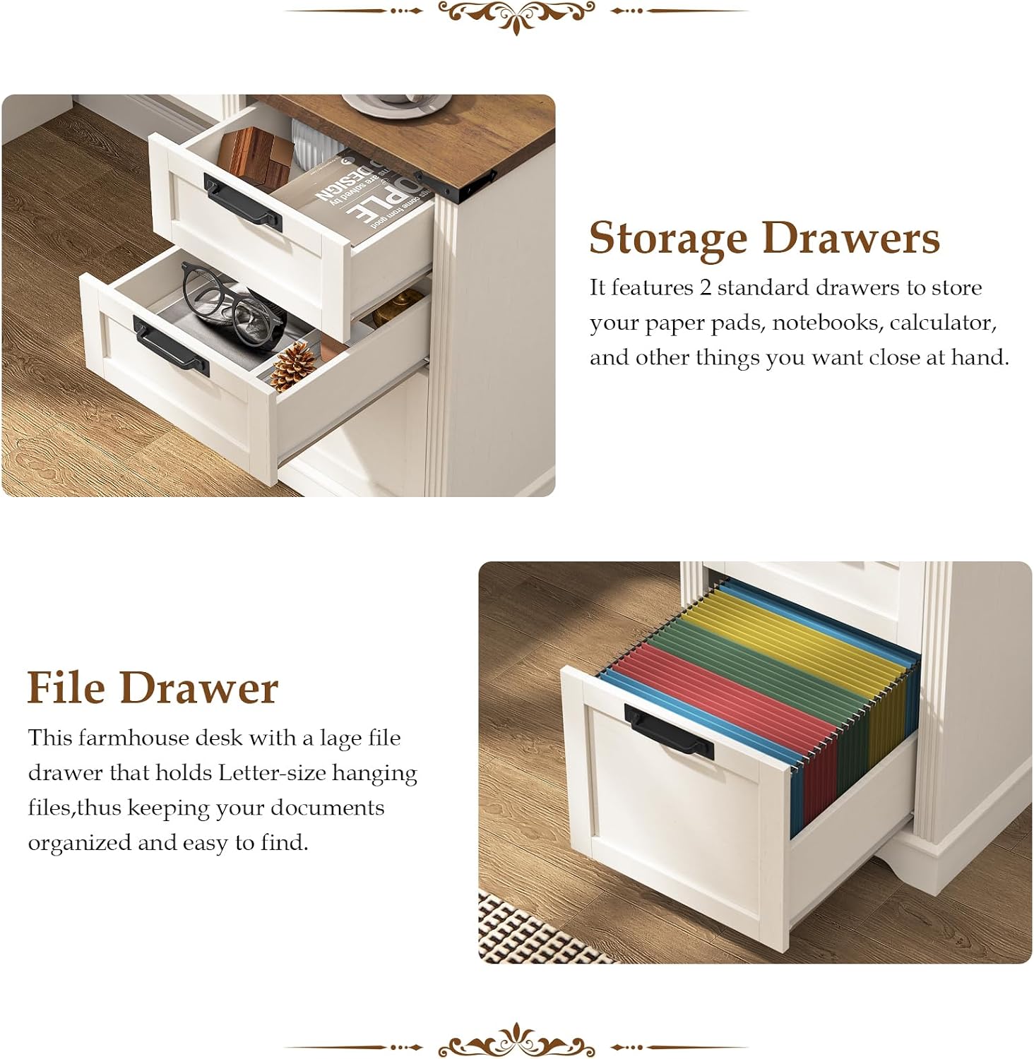 Vabches 55' Farmhouse Executive Desk with 3 Drawers, Wooden Computer Desk Home Office Desk with File Drawer (Fits A4 Size) for Work and Study, White Brown