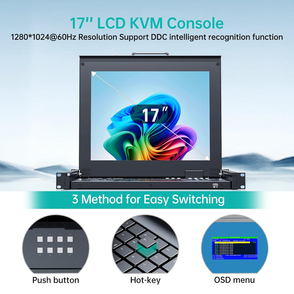 MT-VIKI Rack KVM Switch w/17'' LCD Monitor, 16 Port VGA KVM Switch with Keyboard Touchpad Monitor, Fit for 1U 19'' Rack, OSD/Hotkey/Button 【with 16 VGA KVM Cable】