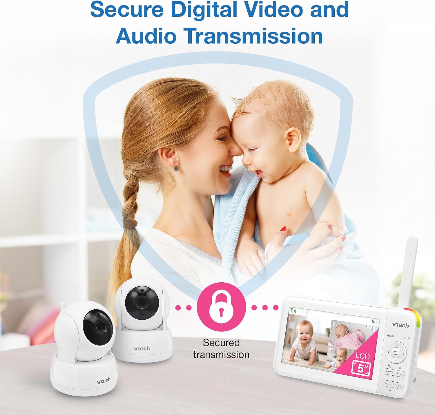 VTech 924-2W Video Baby Monitor with 2 Cameras, 5' LCD Screen, No WiFi, Pan Tilt Zoom, Up to 17Hrs Video & 31Hrs Audio Battery, 1000ft Range, Night Vision, Lullabies, Temperature Sensor, 2-Way Talk