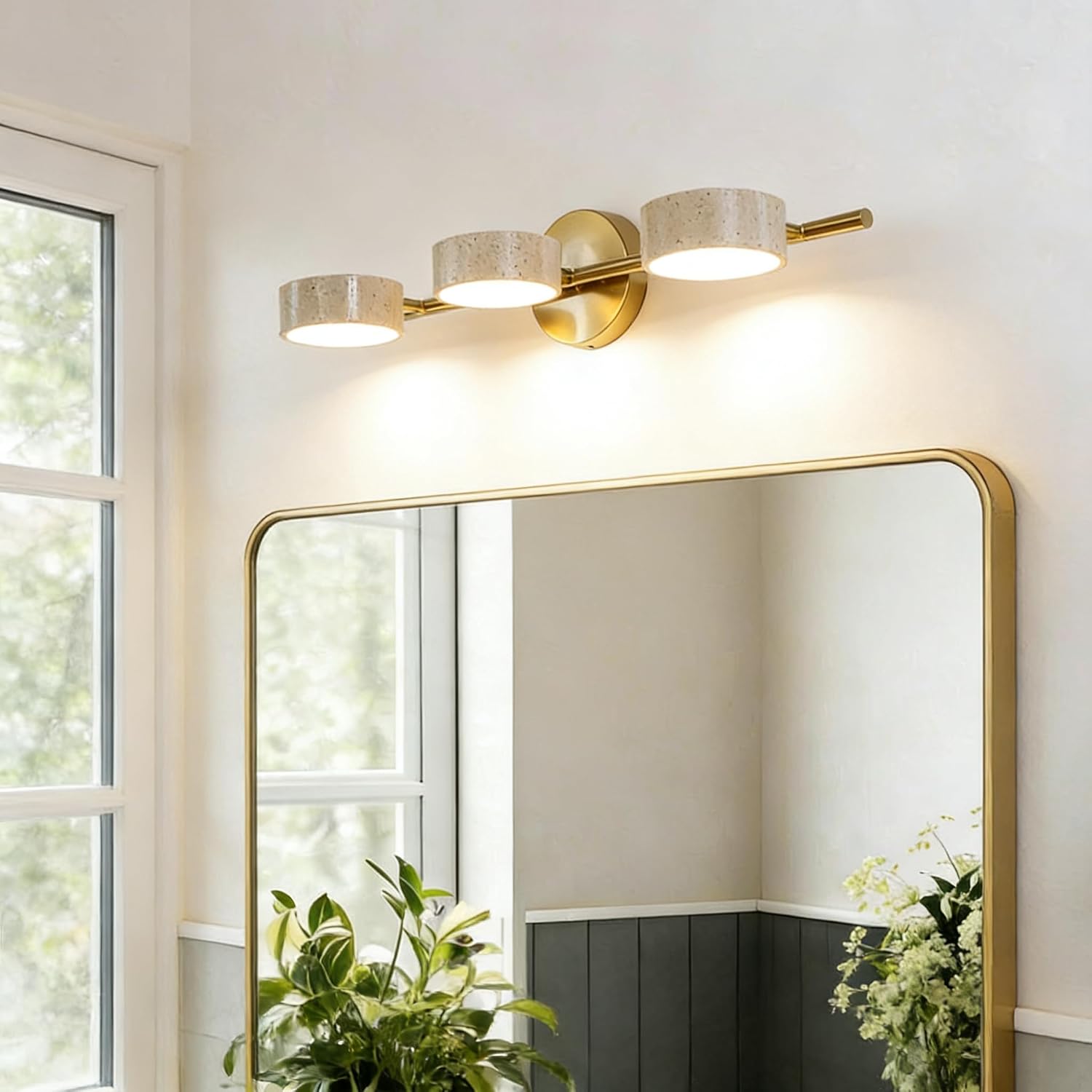 LED Mirror Light with 3 Travertine Stone Shades, Bathroom Vanity Wall Sconce, 360° Rotatable Stone Lampshades, Modern Rustic Wall Lamp for Bedroom, Living Room, Hallway (Gold-Metal)