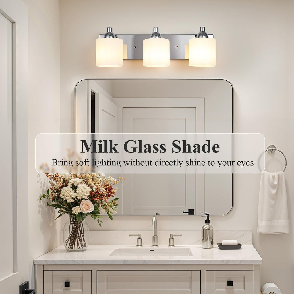 Mecgirn Stainless Steel Milk Glass Vanity Lights for Bathroom, 3 Light Polished Chrome Bathroom Light Fixtures Over Mirror, Ceramic E26 Sockets Wall Mounted