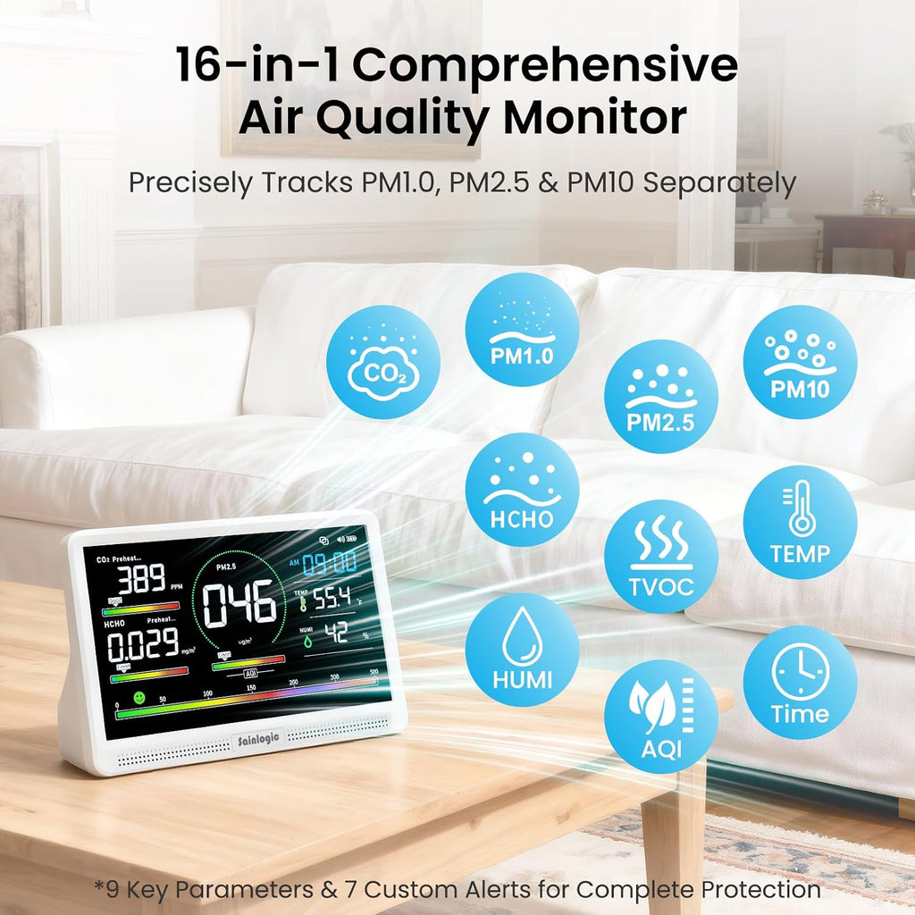 Sainlogic 16 in 1 Professional Air Quality Monitor Indoor with 7.2' Display & 3-Color 7 AQI Alerts,CO2 Monitor Air Quality Tester for CO2,HCHO,TVOC,PM2.5 PM1.0 PM10,Humidity,Temp & Time Meter for Home