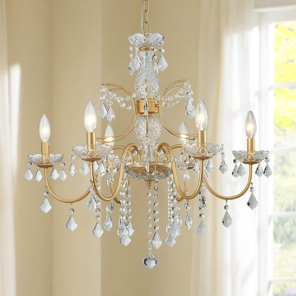 Bestier Gold Finish Elegent Crystal Candle Candelabra Chandelier 6 Light Lighting Fixture LED Pendant Ceiling Light Dia 26 in x H 26 in