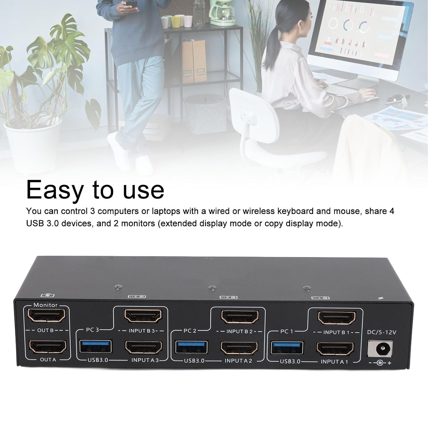 KVM Switch 2 Monitors 3 Computers, Share 4 USB Ports, USB3.0 KVM Switch for Keyboard Mouse Printer Support 4K@60HZ, Dual Monitor Kvm Switcher Support Extended & Duplicate