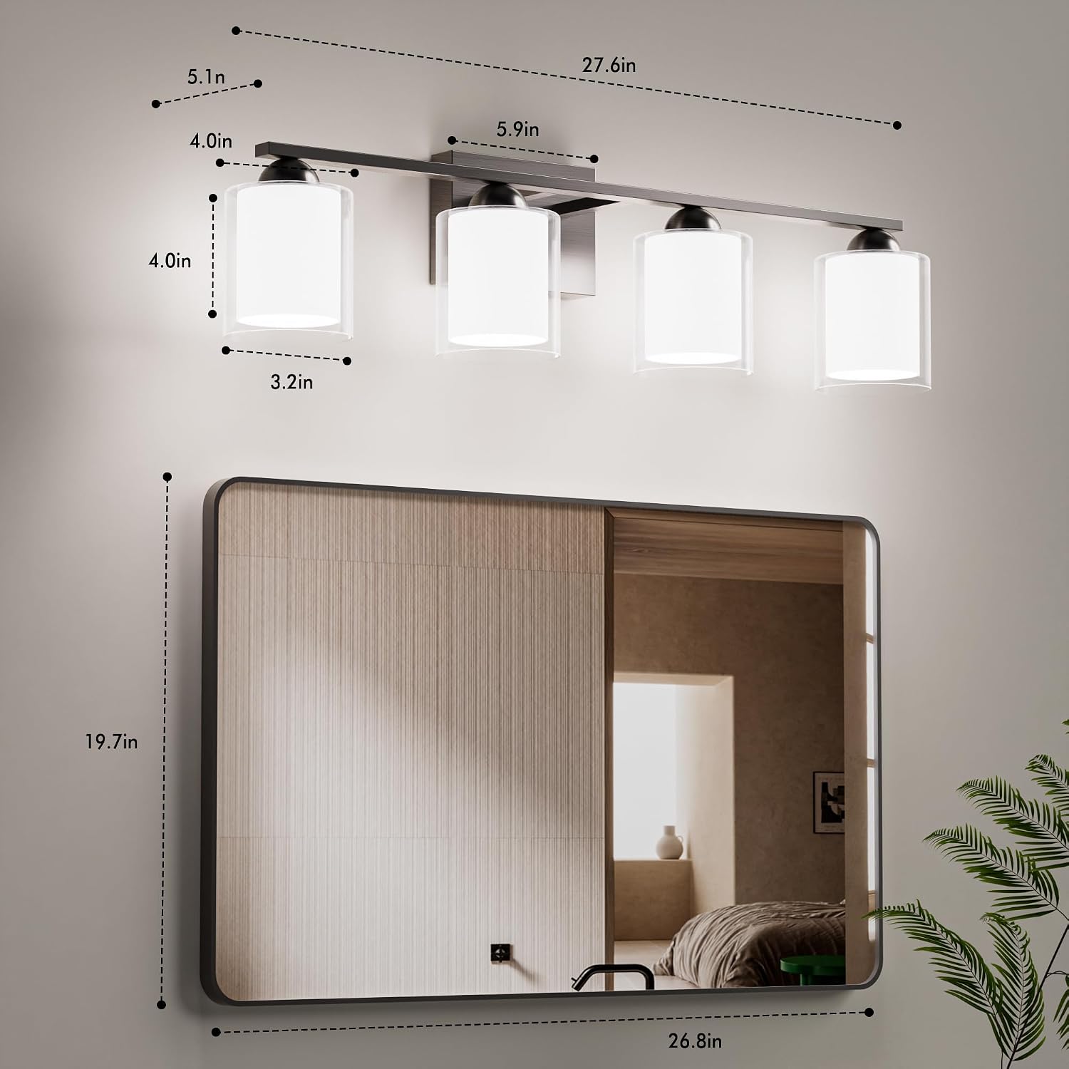 Quntis 4 Light Brushed Nickel Bathroom Light Fixtures, Modern Vanity Lights Over Mirror with 5 Colors & Stepless Dimmable, 27 Inch LED Bathroom Lighting with Milk White Frosted Glass (Bulbs Included)