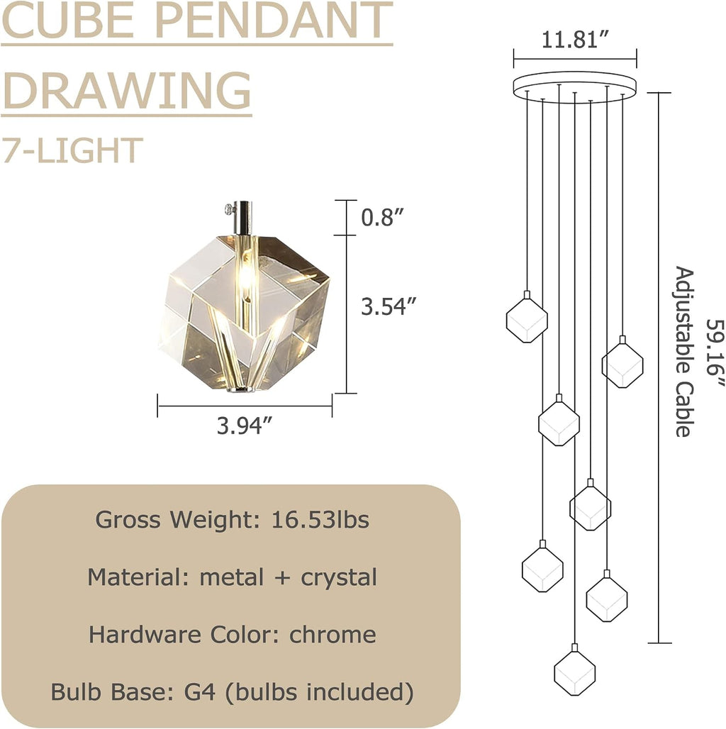 Cube Crystal Pendant Light, Cut Crystal Drops Hanging Ceiling Chandelier, Modern Raindrop Pendants Chrome Light Fixture for Kitchen Island Dining Room, 21W