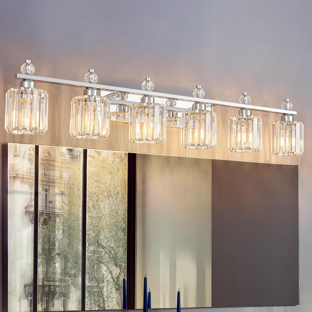 Bathroom Vanity Lights 6-Light Chrome Modern Crystal Vanity Light Fixtures Over Mirror Crystal Bathroom Vanity Lighting Fixtures