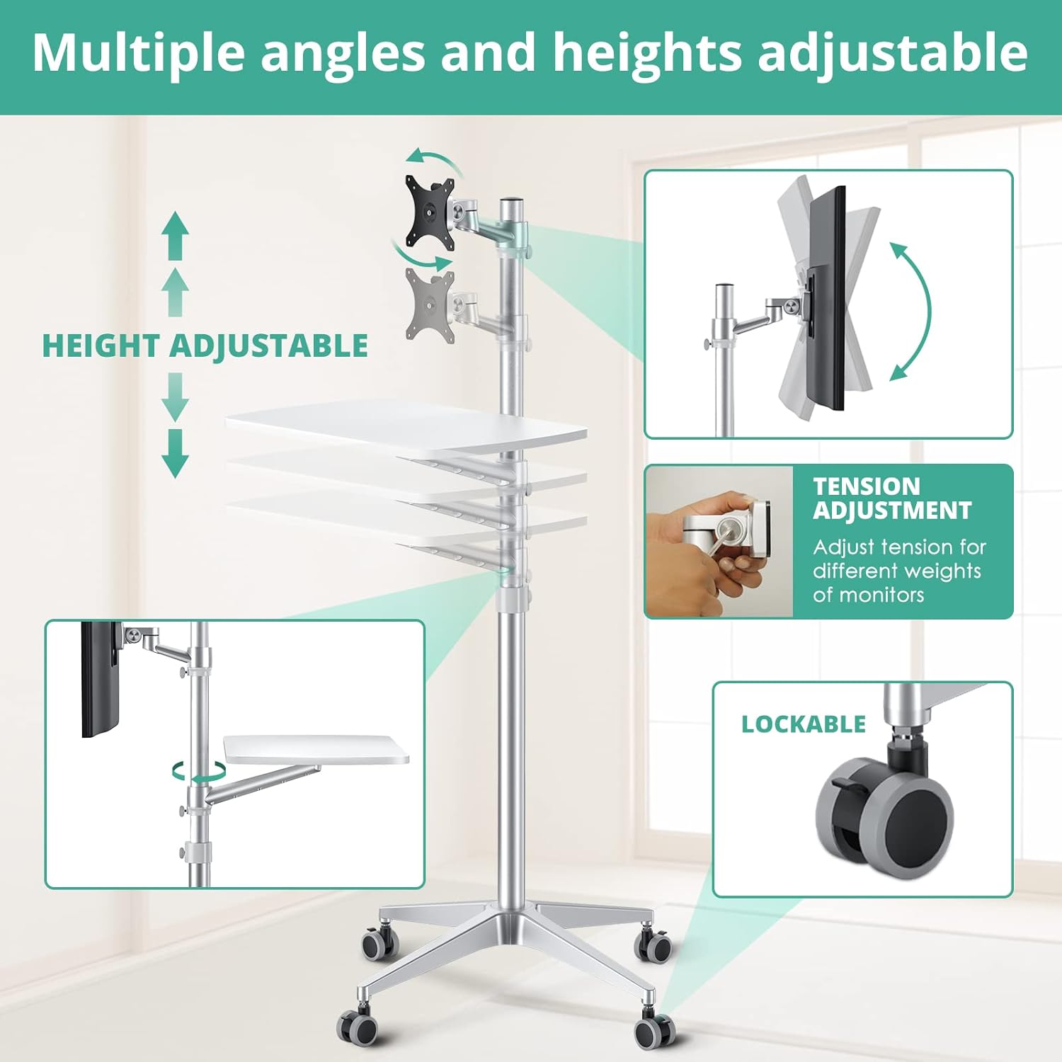 viozon Mobile Desk,Mobile Workstation,Mulitiuse Rolling Laptop Floor Stand,34'-48.6' Height Adjustable,Compatible with 17'-27'Monitor&12'-17'Laptop,21'×14' Desk Board,Maxload 17.6lbs,4 Lockable Wheels