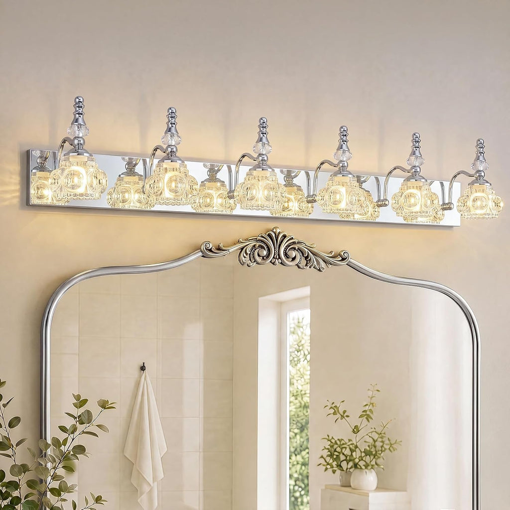 Modern Glass Crystal Vanity Light - Vintage Bathroom Lighting Fixtures Over Mirror, 6 Light Vanity Lights G9 Bulb (43.3 Inch, Chrome)