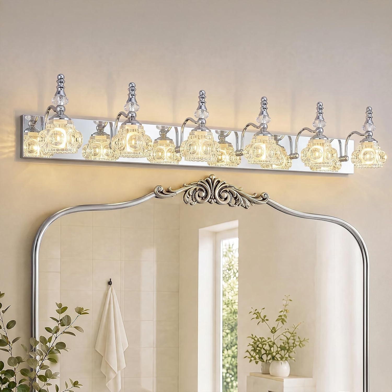 Modern Glass Crystal Vanity Light - Vintage Bathroom Lighting Fixtures Over Mirror, 6 Light Vanity Lights G9 Bulb (43.3 Inch, Chrome)