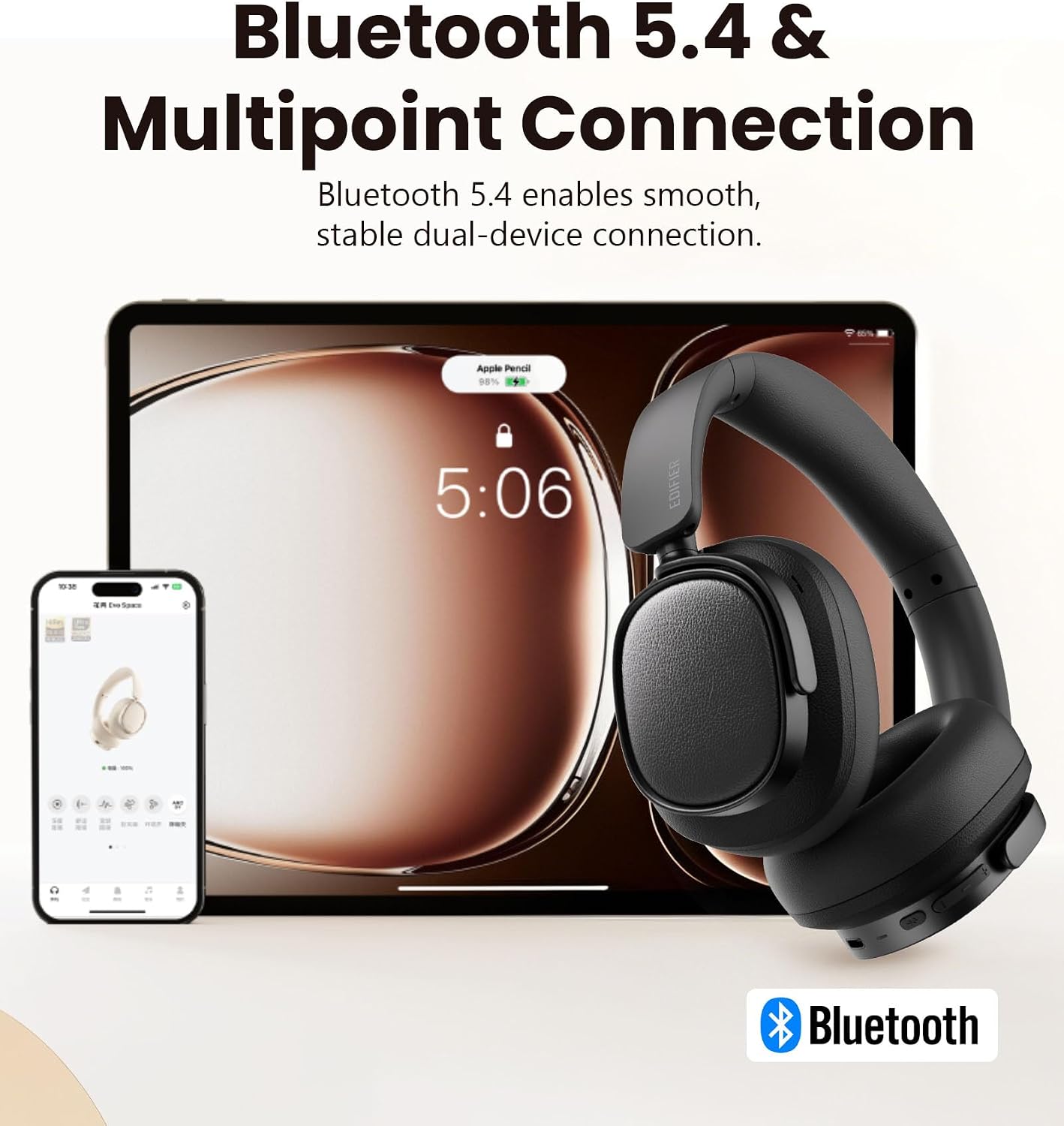 Edifier ES850NB Active Noise Cancelling Headphones, Over Ear Bluetooth Headset, 92H Playtime Wired & Wireless Hi-Res Audio Certified, Fast Charging Clear Calls Travel (Black) (Renewed)