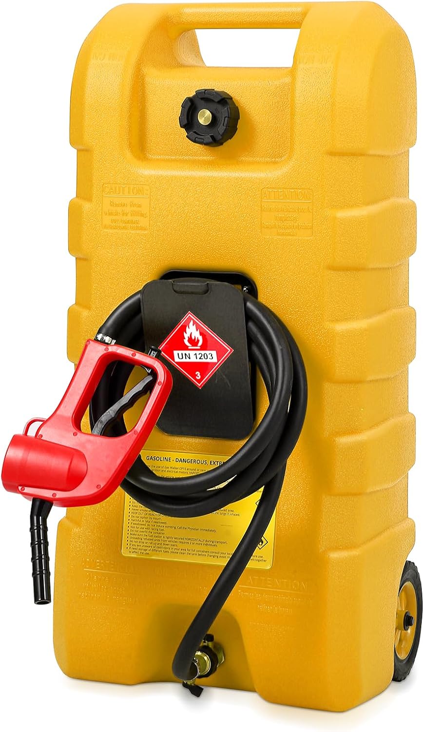 15 Gallon Gas Can, Fuel Tank Container with LE Fluid Transfer Manual Siphon Pump & 10FT Hose, Portable Diesel Gas Storage Caddy with Wheels for Car, ATV, Weeder, Boat, etc., Yellow