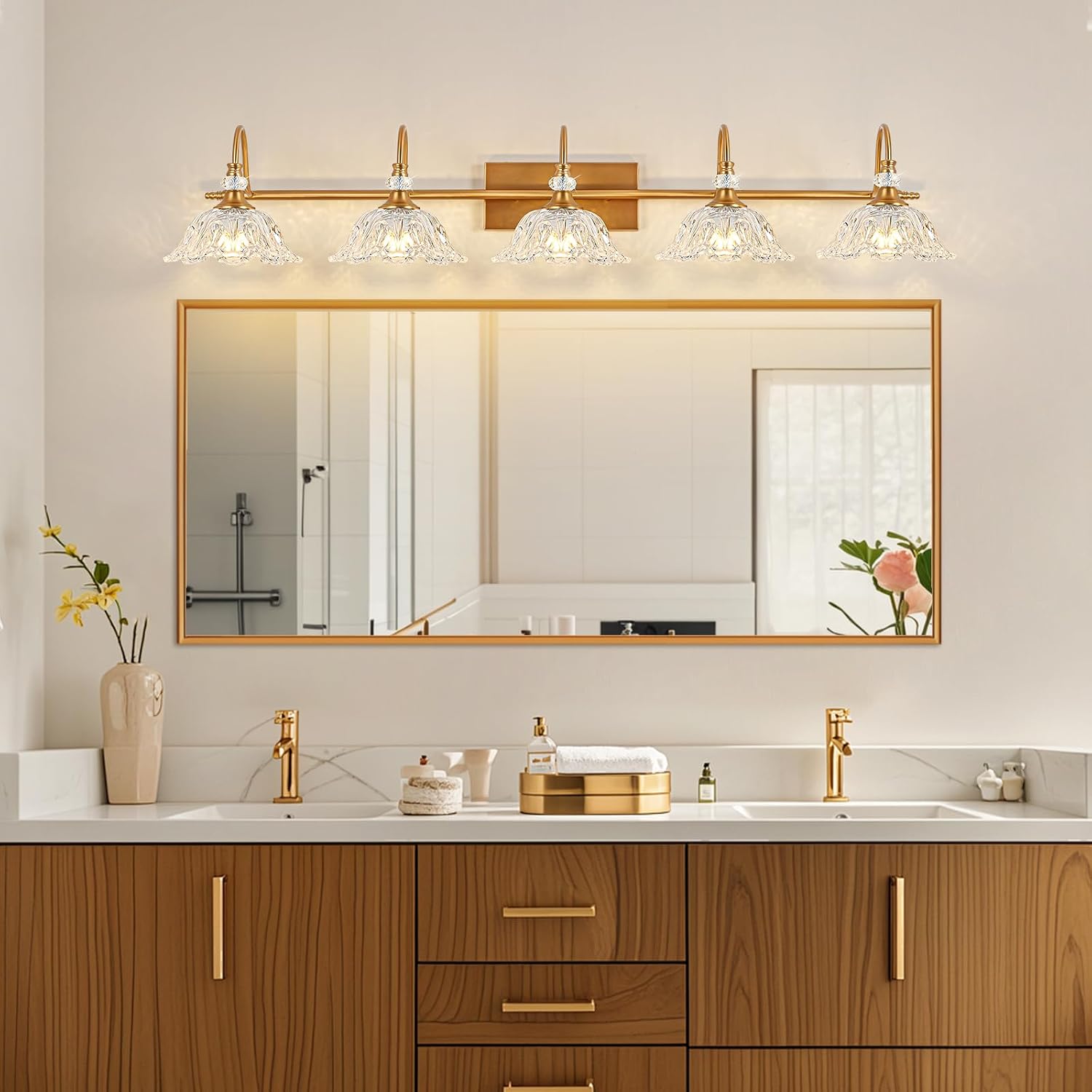 Vintage Bathroom Vanity Light, 5-Light Matte Brass Finish Vanity Light with Floral Clear Glass Shades, Retro Wall Mount Lighting for Bathroom, Dressing Table