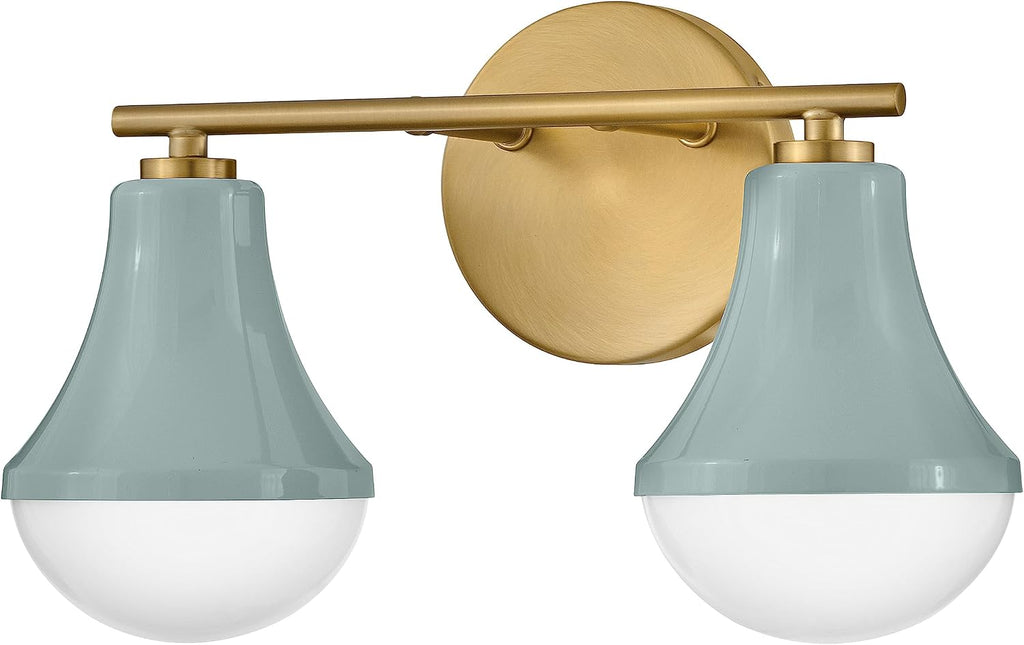 Lark Haddie 85512SF Modern Two-Light Bath Vanity, Fixture Mounts Up or Down, Shades Secured in Place, Seafoam and Lacquered Brass