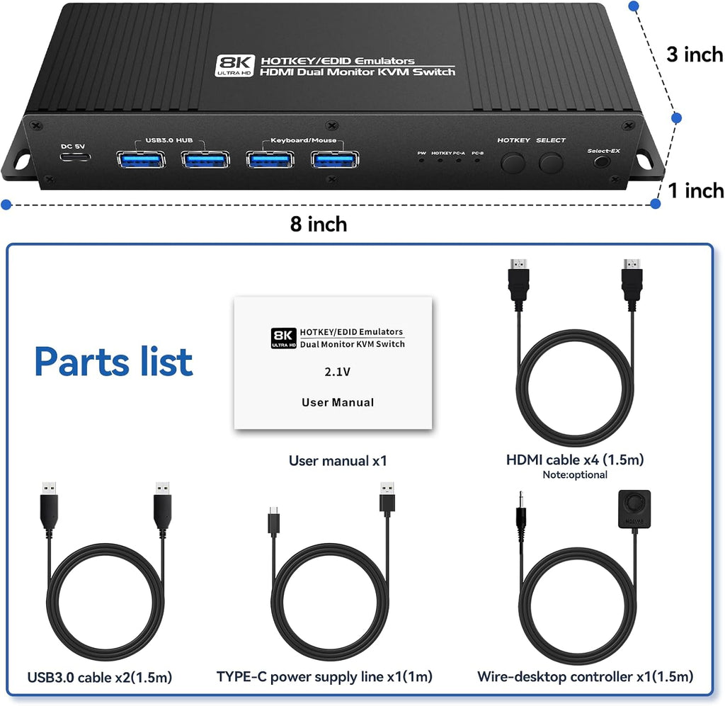 Kvm Switch HDMI 2 Monitors 2 Computers Edid Emulator 4k 144hz Hotkey Switching Dual Monitor kvm Switch hdmi edid 2 Monitors 2 Computers 1440P 120Hz 144hz 165hz 240hz FreeSync G-SYNC