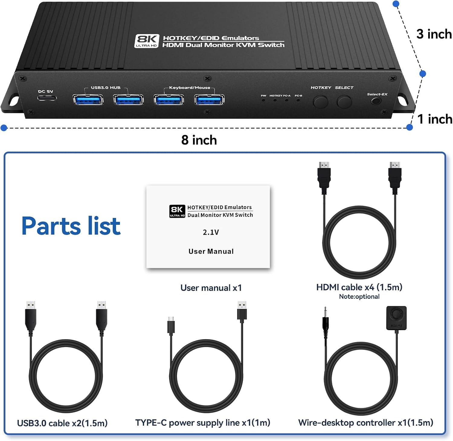 Kvm Switch HDMI 2 Monitors 2 Computers Edid Emulator 4k 144hz Hotkey Switching Dual Monitor kvm Switch hdmi edid 2 Monitors 2 Computers 1440P 120Hz 144hz 165hz 240hz FreeSync G-SYNC