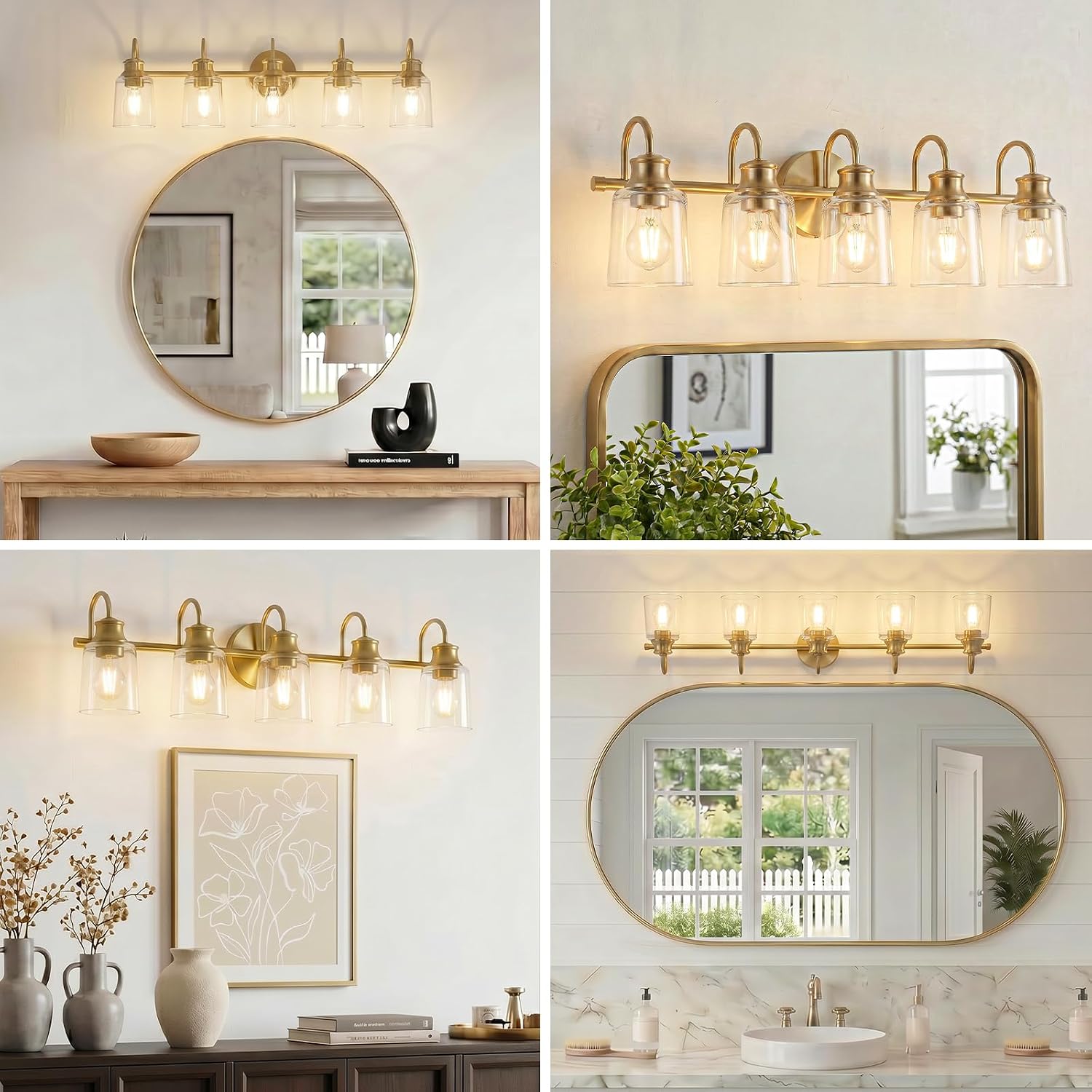5 Lights Bathroom Light Fixtures Modern Gold Vanity Lights for Bathroom Lighting Fixtures Over Mirror with Clear Glass Shade for Cabinet Mirror Bedroom Hallway