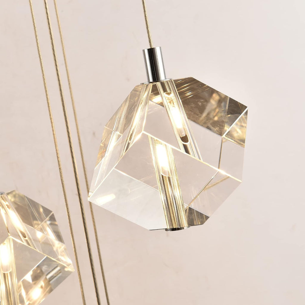 Cube Crystal Pendant Light, Cut Crystal Drops Hanging Ceiling Chandelier, Modern Raindrop Pendants Chrome Light Fixture for Kitchen Island Dining Room, 21W