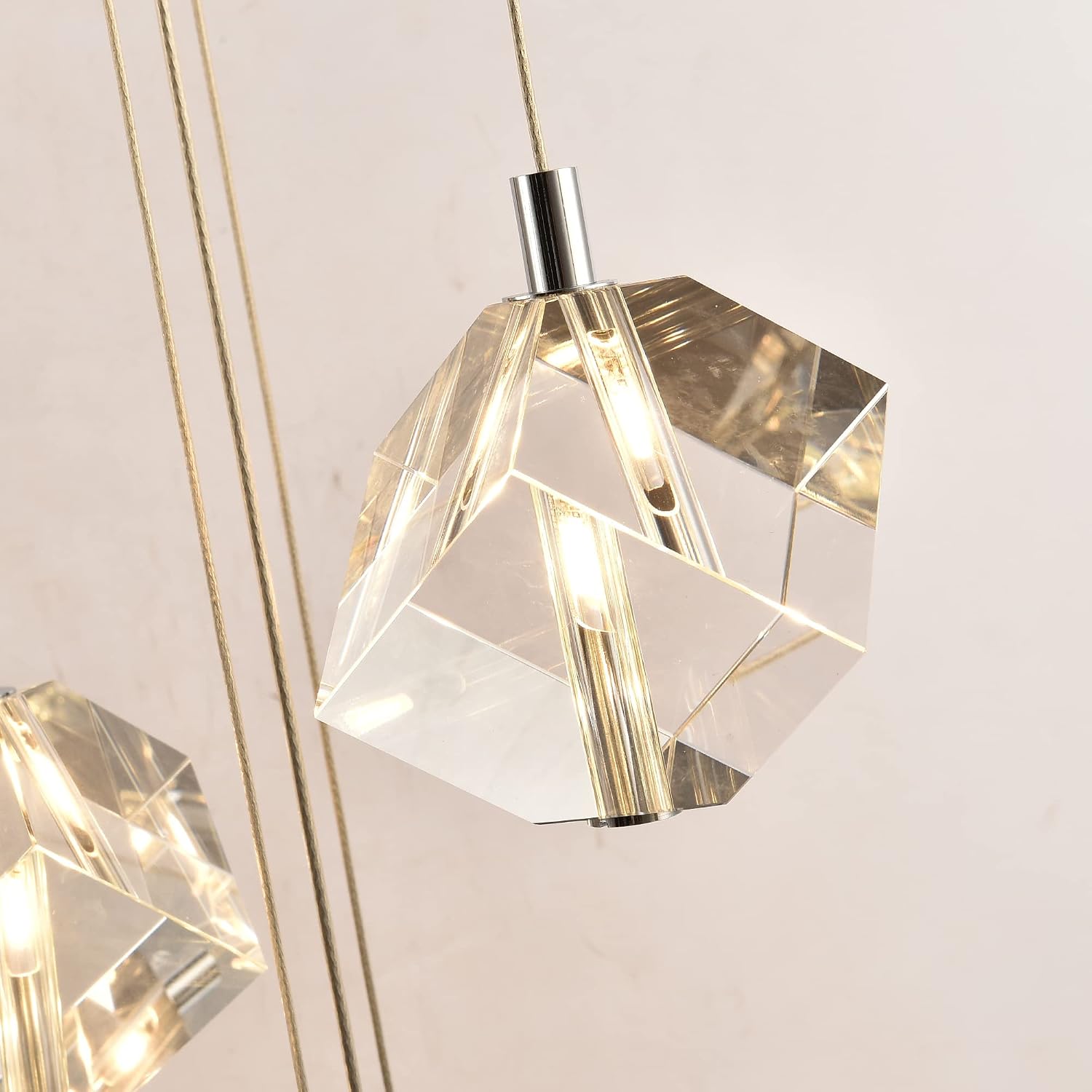 Cube Crystal Pendant Light, Cut Crystal Drops Hanging Ceiling Chandelier, Modern Raindrop Pendants Chrome Light Fixture for Kitchen Island Dining Room, 21W