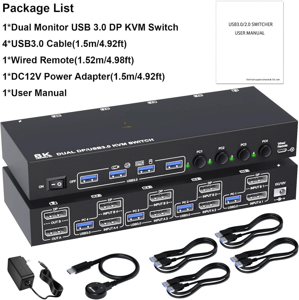 8K DP KVM Switch 2 Monitors 4 Computers,8K@30Hz 4k@144Hz Dual Displayport USB 3.0 Switcher for 4 PC Share Keyboard Mouse(with EU Plug)